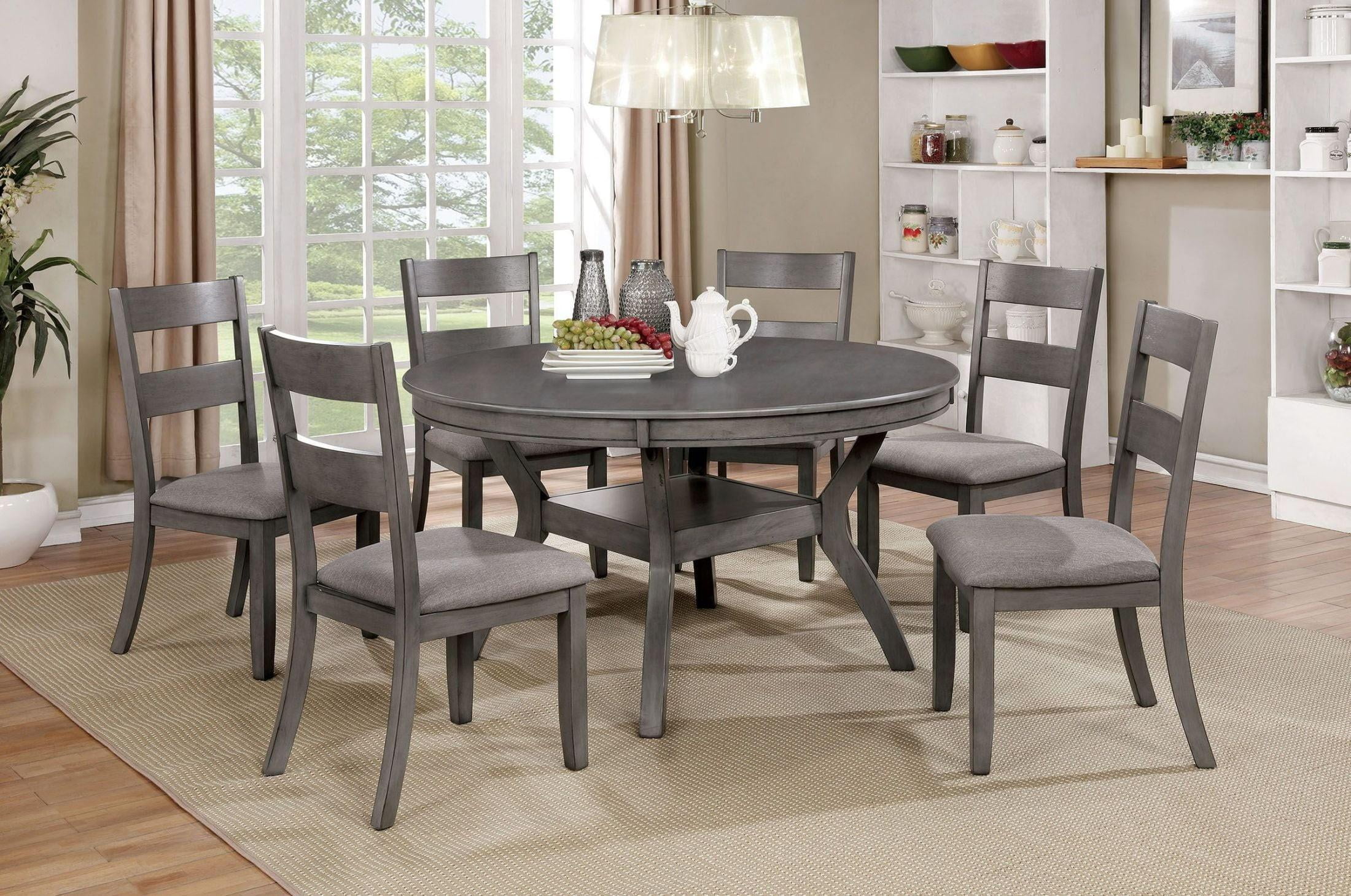 Transitional Gray Dining Room Set Fabric 7pcs FOA Juniper