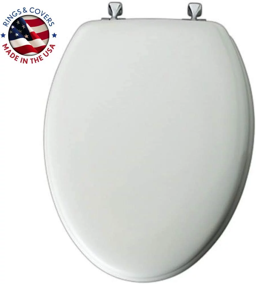 MAYFAIR 1844CP 000 Toilet Seat with Chrome Hinges will Never Come Loose, ELONGATED, Durable Enameled Wood, White