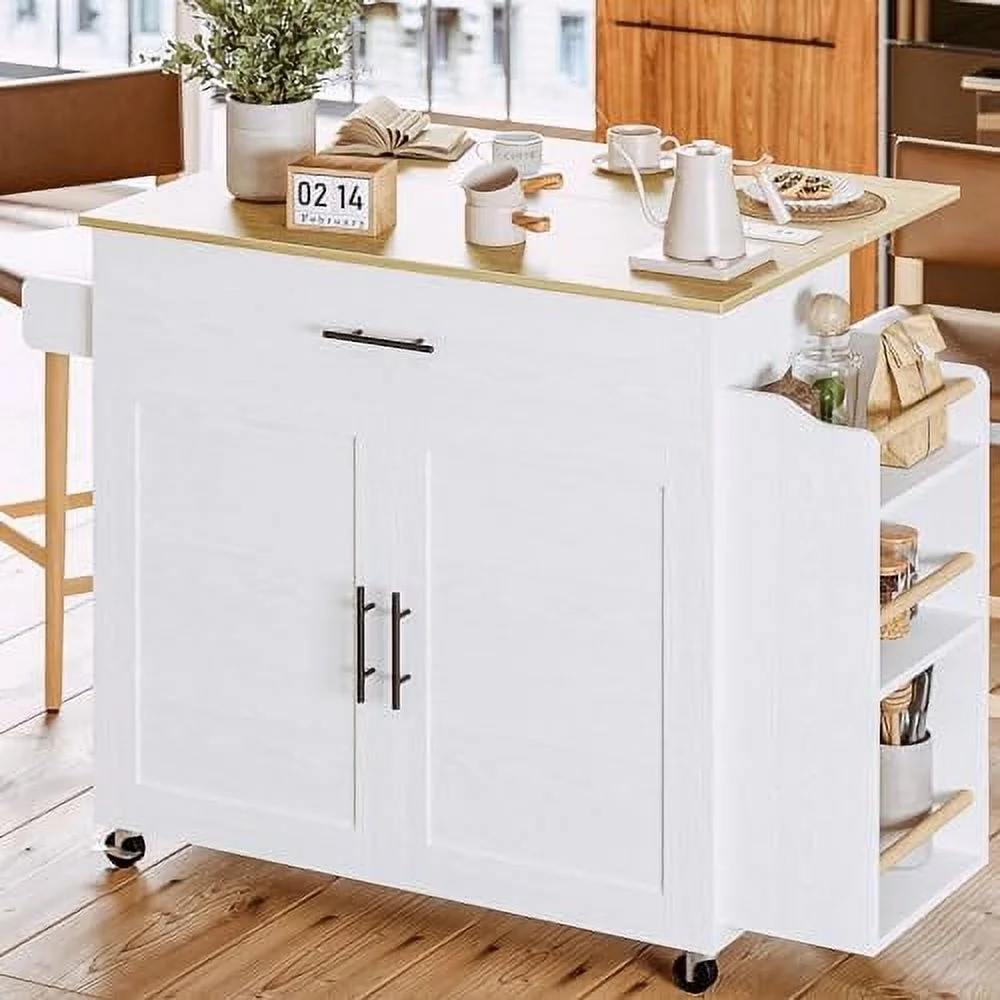 SQCFVGB Kitchen Island with   Rolling Kitchen Island on Wheels with Drop Leaf  3 Open Spice Rack   Door Cabinet  Drawer  Kitchen Cart Island Table for Kitchen  White