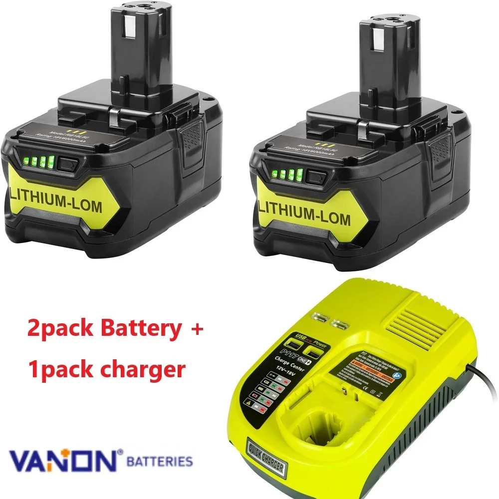 2Pack P108 Replacement 5.0Ah Bartteries + 1Pack Charger for Ryobi  18V P108 P107 P105 P102 P103 battery with charger P117 P118 P113