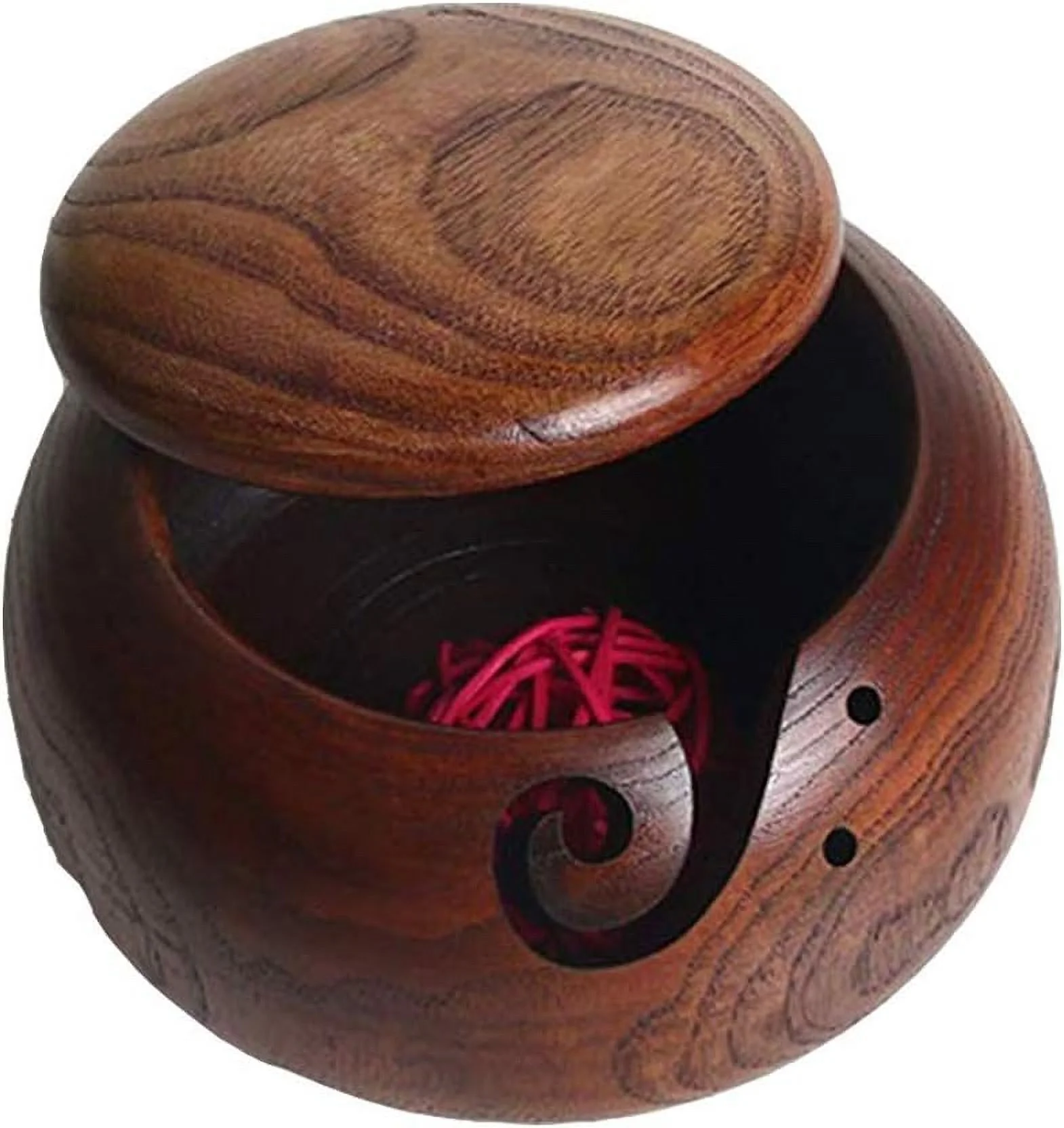 Bamboo Yarn Bowl with Lid - 6-Inch Handcrafted Storage for Knitting and Crochet - Artisanal Wooden Thread Holder with Carved Holes and Drills