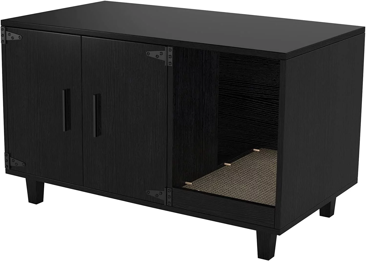 Modern Wood Pet Crate: Cat Washroom Hidden Litter Box Enclosure Furniture House, Nightstand with Scratch Pad, Stackable (Black)