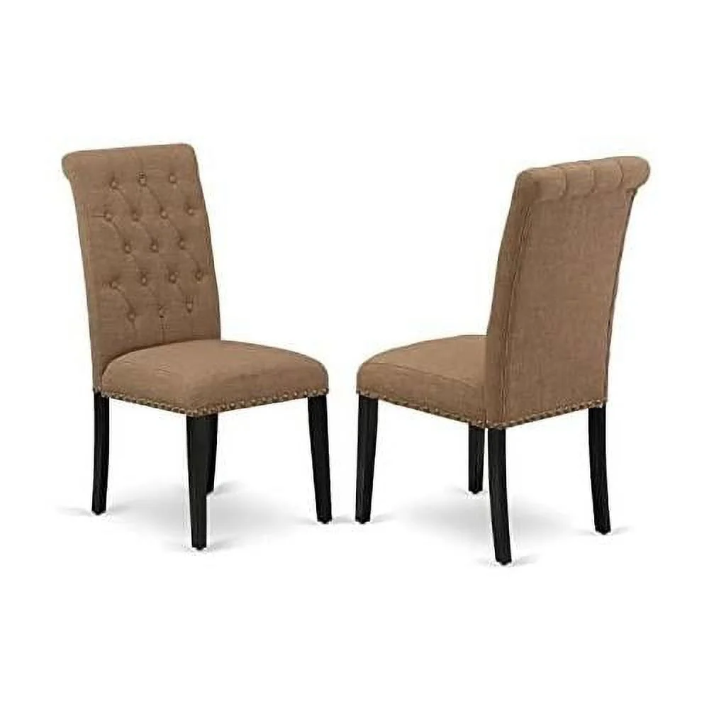 BRP1T17 Parson Dining Room Button Tufted Nailhead Trim Light Sable Linen Fabric Padded Chairs, Set Of 2, Black