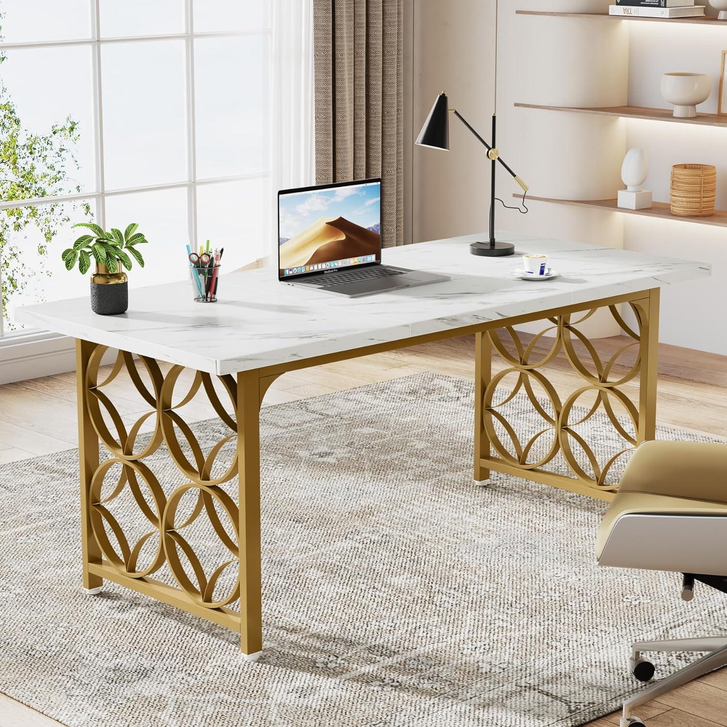 Tribesigns 63-inch Executive Desk, Modern Office Desk with Strong Metal Frame, Large Computer Writing Desk Business Furniture for Home Office (White Marble and Gold)