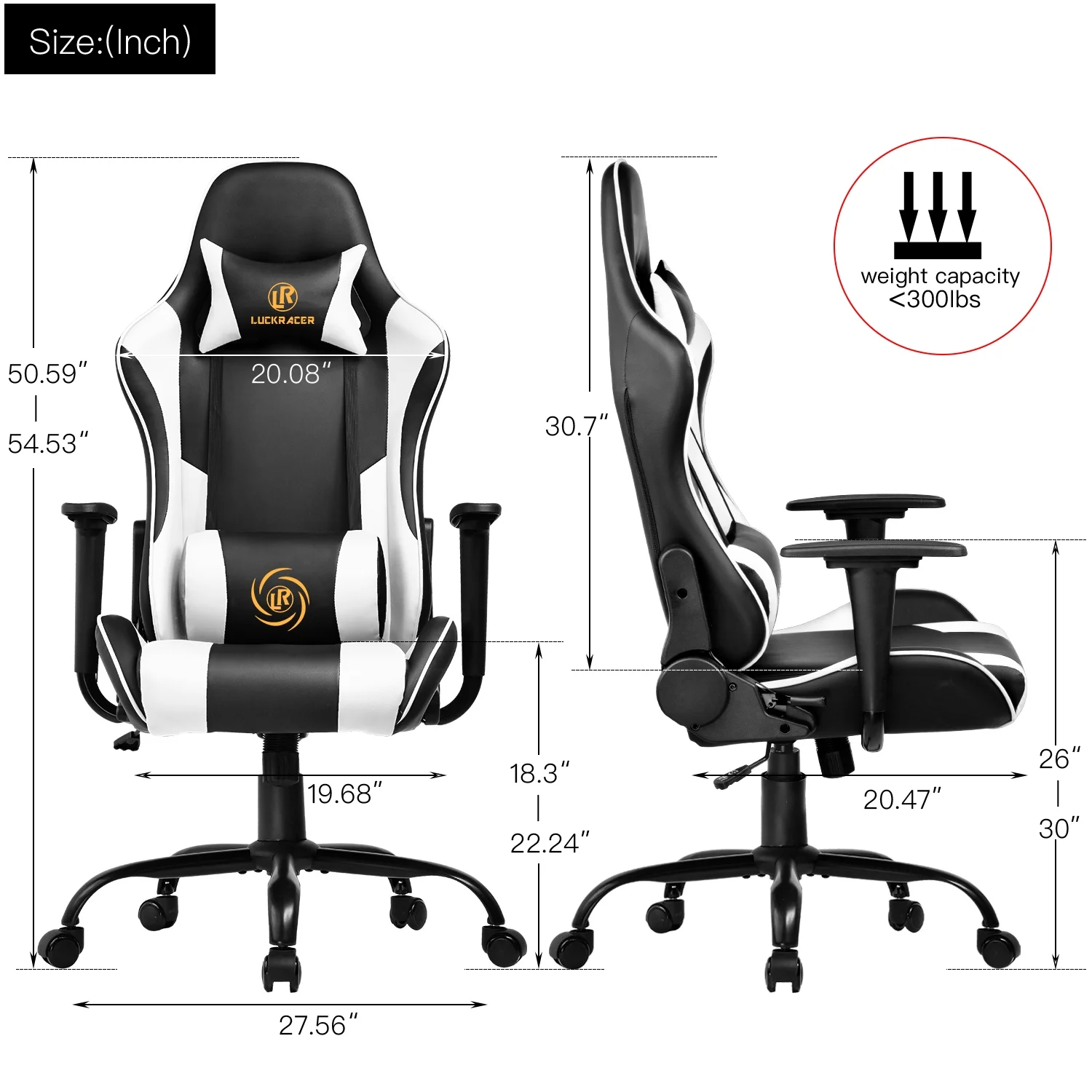 LUCKRACER Gaming Chair With Massage Office Computer Chair, White