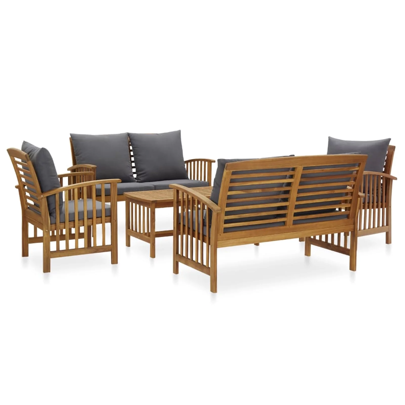 Dcenta 5 Piece Garden Conversation Set Dark Gray Cushioned 2 Garden Chair with 2 Bench and Coffee Table Acacia Wood Sectional  Furniture Set for Patio, Backyard, Patio, Balcony