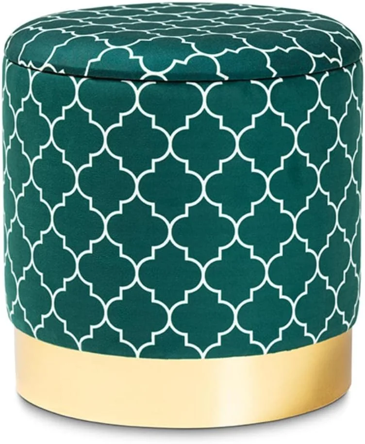 Serra and Luxe Green Quatrefoil Velvet Fabric Upholstered Gold Finished Metal Storage Ottoman