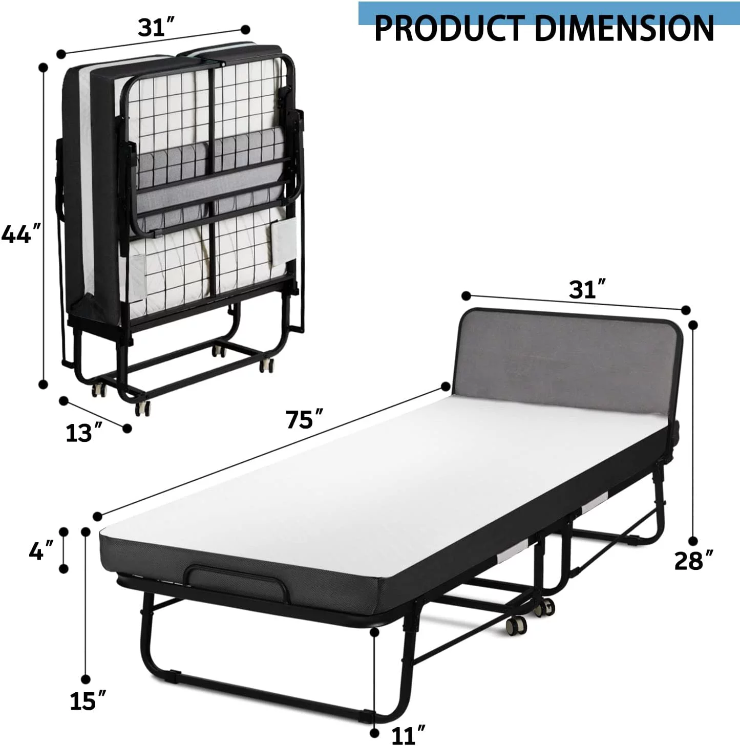 Single Folding Bed with Memory Foam Mattress for Adults Portable Rollaway Cot Size Guest Bed with Headboard&Sturdy Steel Frame on Wheels 75 x 31 Inch (Wood Headboard)
