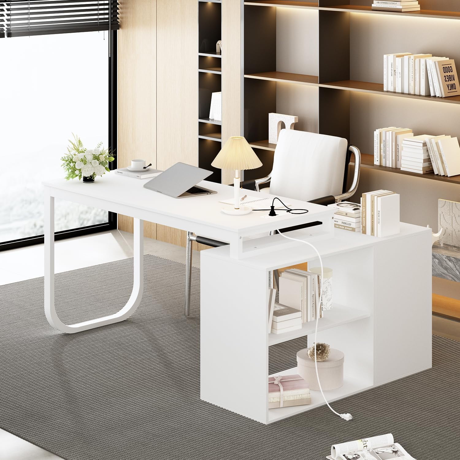 Home Office Computer Desk Corner Desk with Power Outlet, 3 Drawers and 2 Shelves, 55 Inch Large L-Shaped Study Writing Table with Storage Cabinet - Warm White