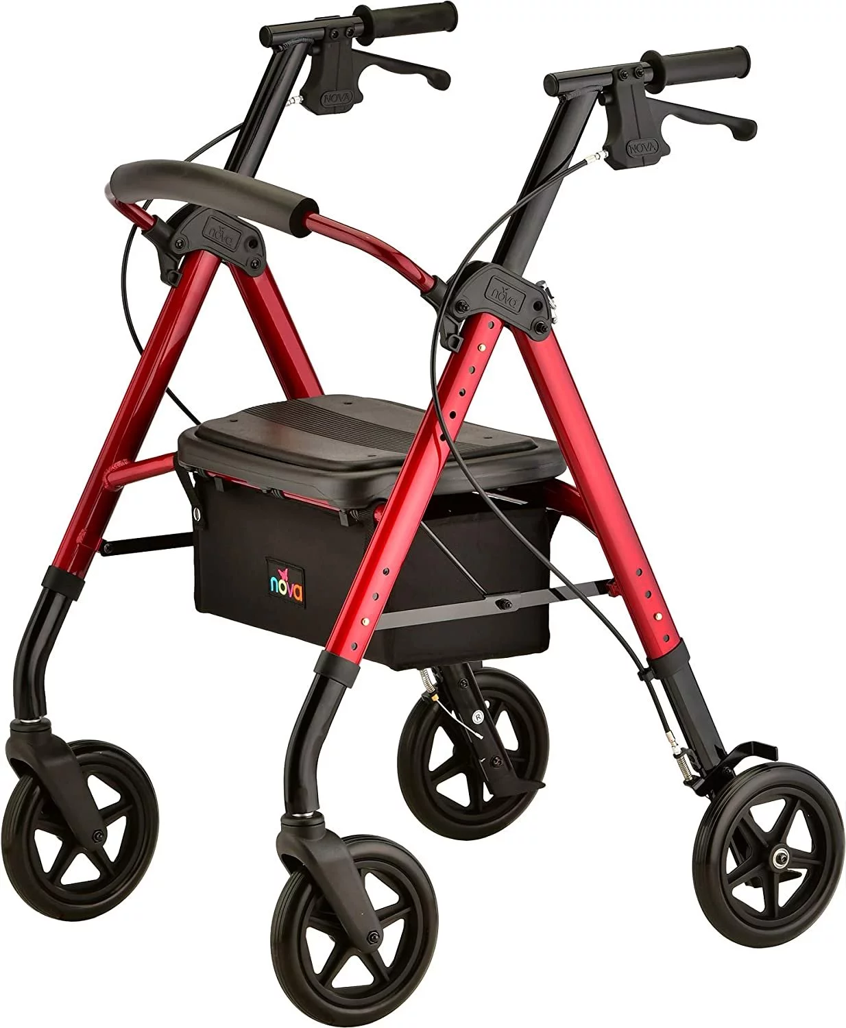 NOVA Medical Products Star DX Rollator Walker with Wide Padded Seat, 8 Wheels, Fold Lock Feature, Rolling Walker with Adjustable Seat Height & 350 lb Weight Capacity, Red