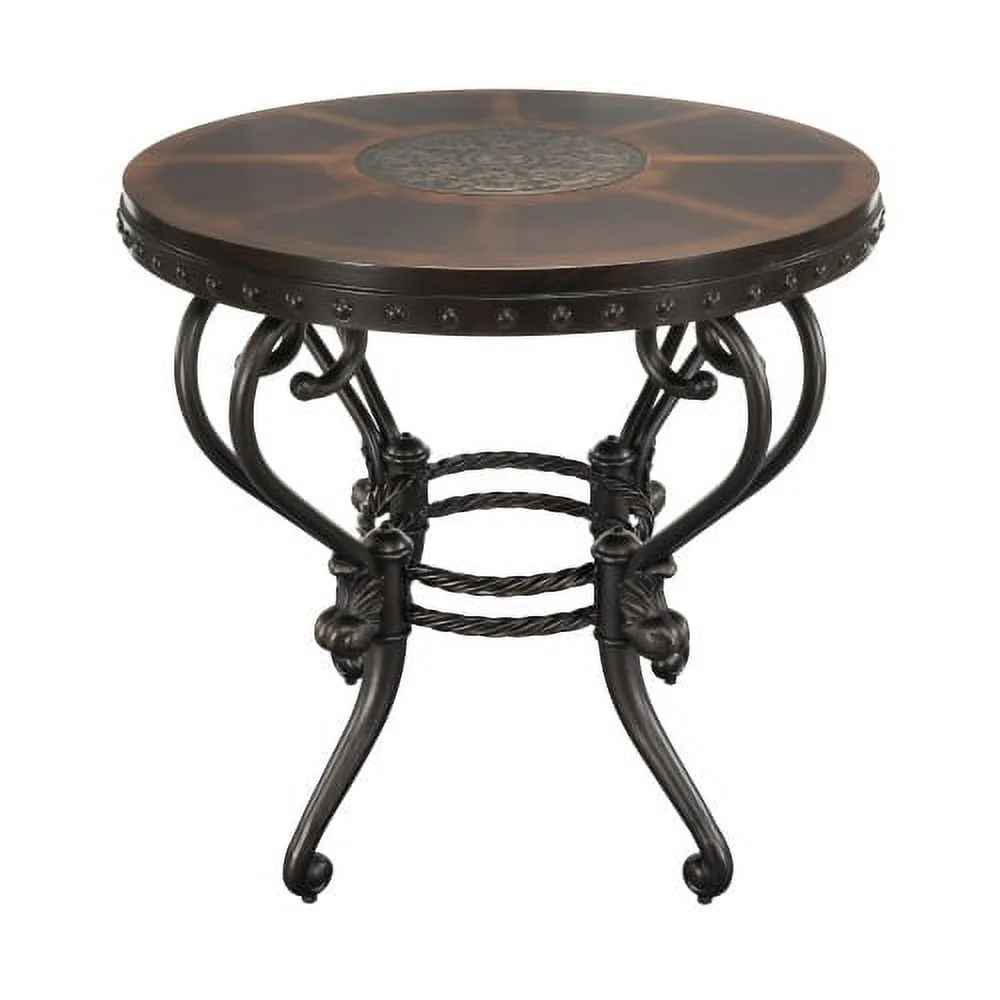 JHOOTUUO Formal Traditional End Table 1pc Round Decorative Top Curved Metal Base Living Room   Dark Cherry Finish