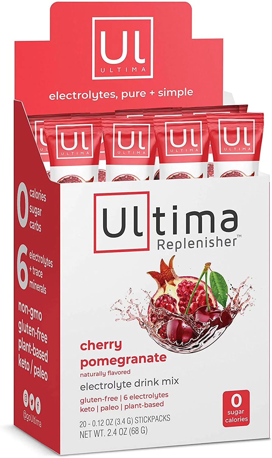 Ultima Replenisher Electrolyte Hydration Mix, Cherry Pomegranate, 20 Count Stickpacks - Sugar-Free, 0 Calories, 0 Carbs - Gluten-Free, Keto, Non-GMO, Vegan -Magnesium, Potassium, Calcium, Sodium