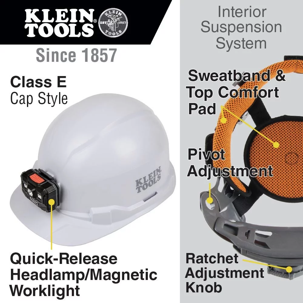 Klein Tools 60107RL Non-Vented Cap Style Hard Hat with Rechargeable Headlamp - White