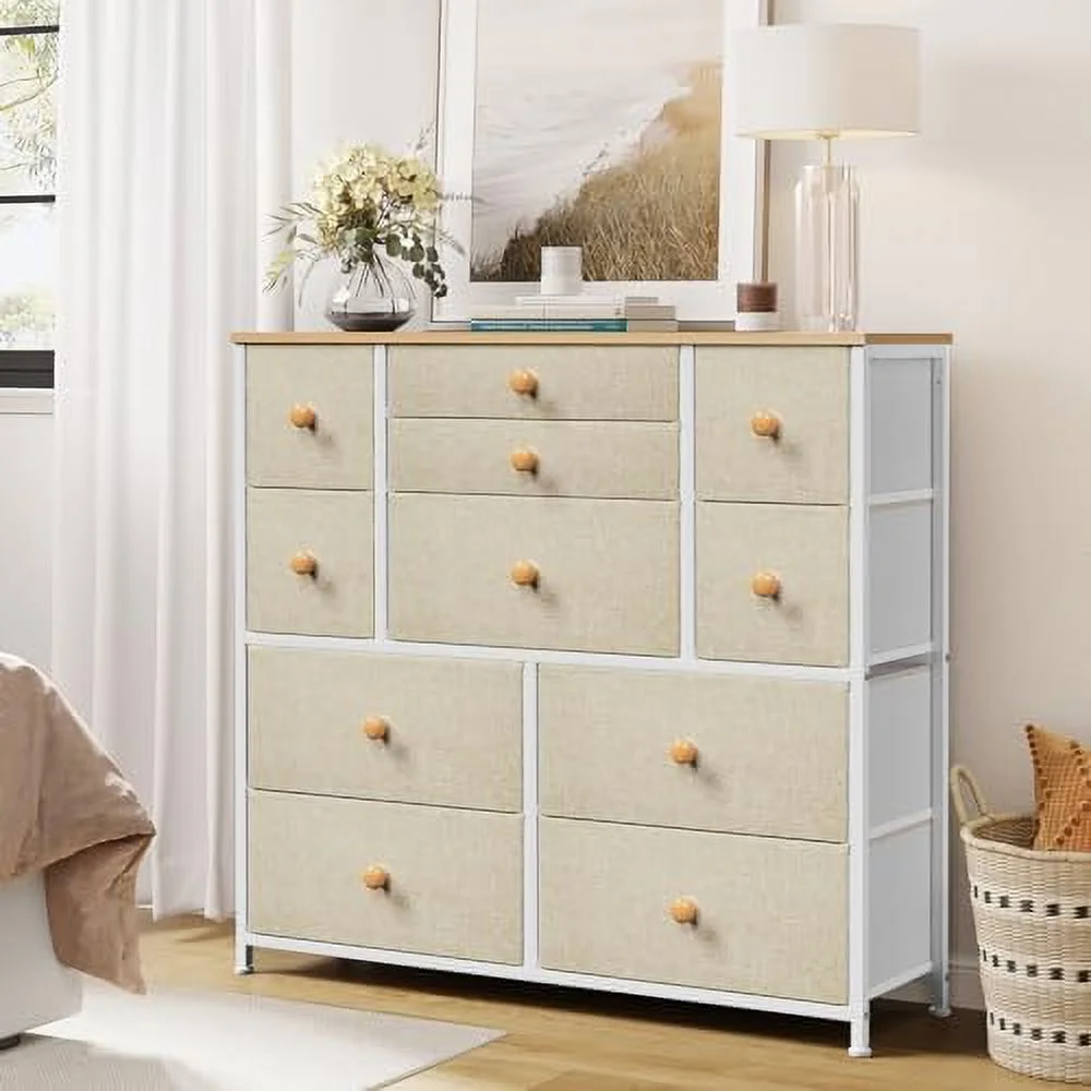 FDSHOIYN 11 Drawer Dresser for Bedroom Chest of Drawers Closets  Units Organizer Large Capacity Steel Frame Wooden Top Living Room Entryway Office (Taupe)