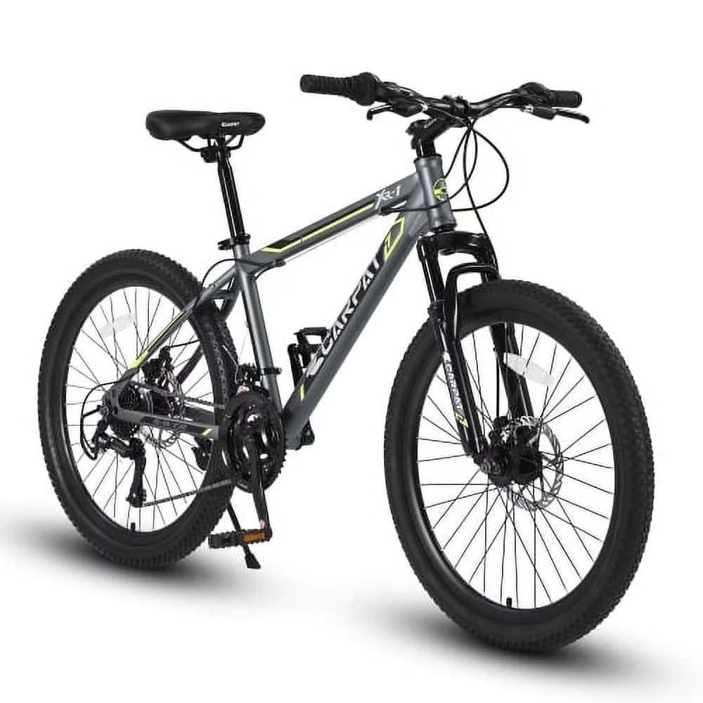 24 Inch Mountain Bike Boys Girls, Steel Frame, Shimano 21 Speed Mountain Bicycle with Daul Disc Brakes and Front Suspension MTB