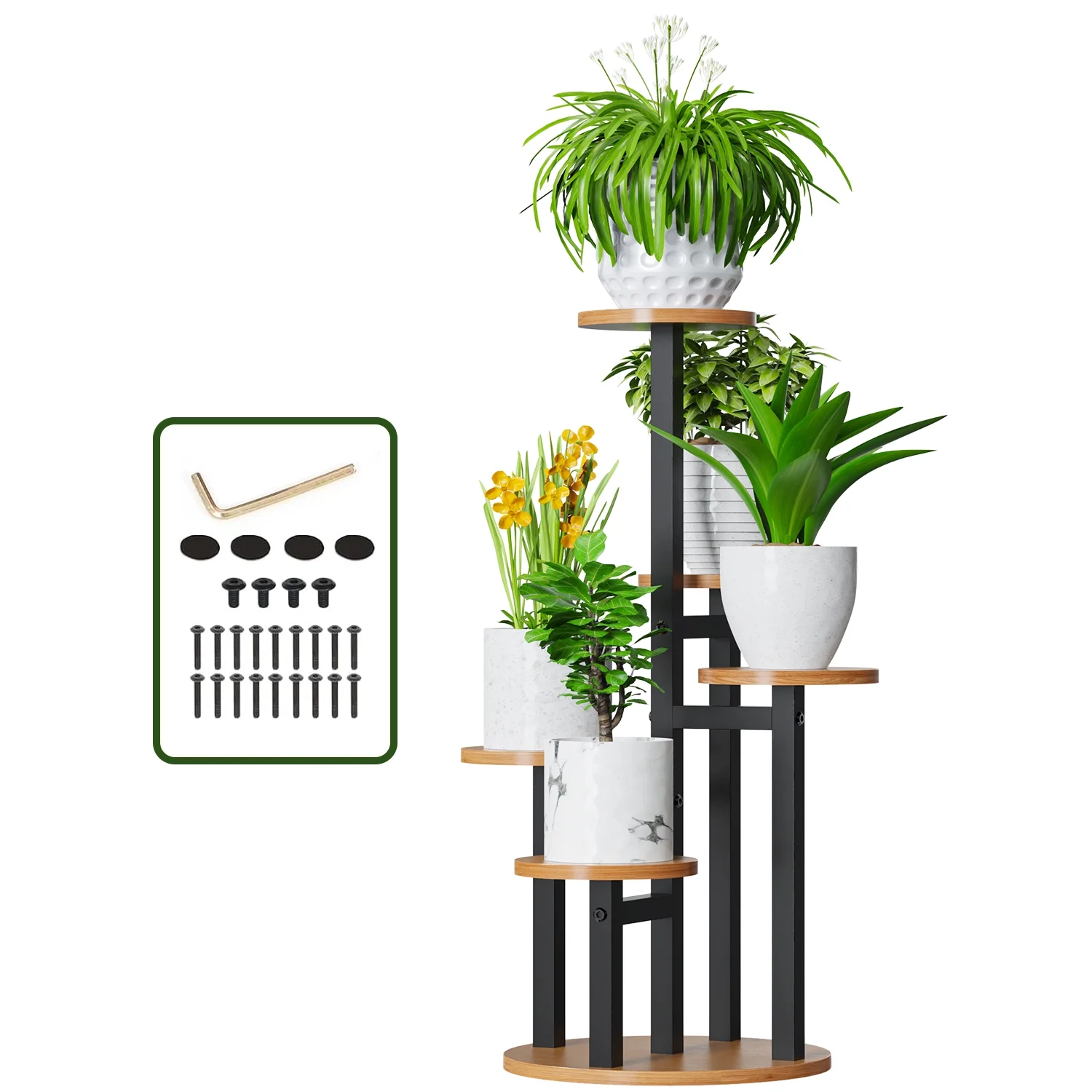 FOUKUS 5 Tiered Tall Plant Stand for Indoor, Wood Plant Shelf Corner Display Rack, Multi-tier Planter Pot Holder Flower Stand for Living Room Balcony Garden Patio (Walnut)