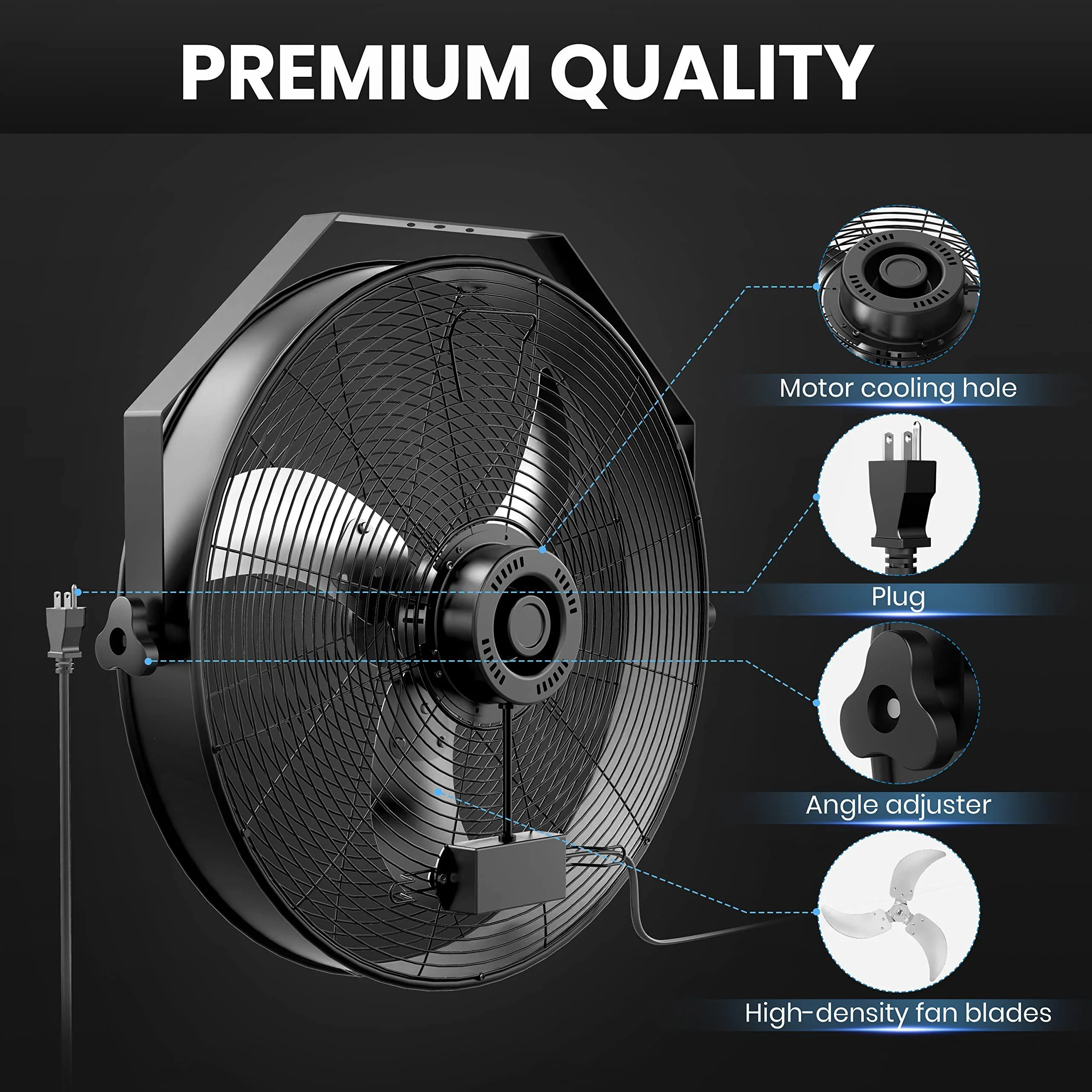 18 Inch High Velocity Wall Mount Fan with Rack, Commercial Metal Ventilation Fan, 3 Speed Industria