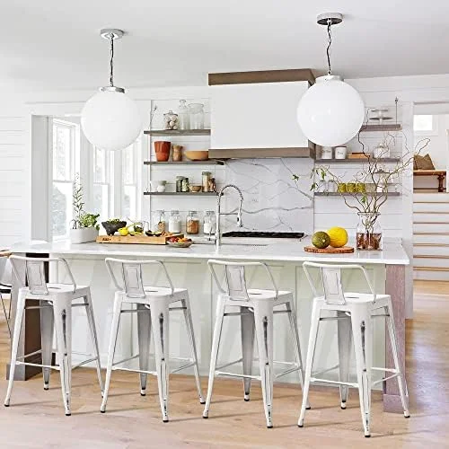 HYHBIBOOM Changjie  Metal  Stools Set of 4 Distressed Industrial Counter  Stool with Backs Bistro Cafe Barstools(26 inch  Distressed White)