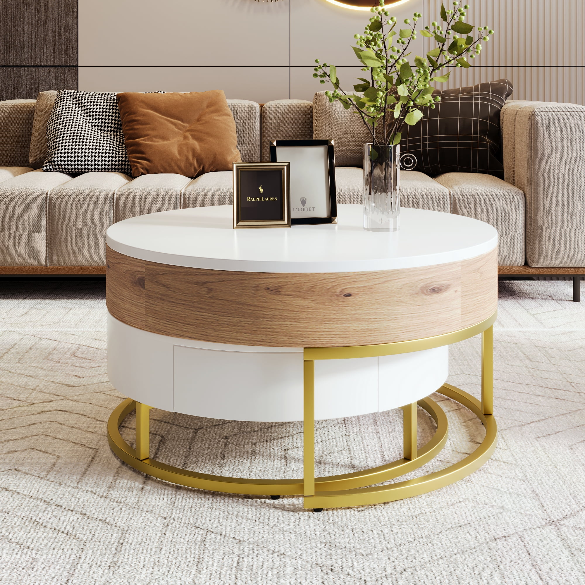 DeeHome Modern Round Lift-top Nesting Coffee Tables with 2 Drawers White & Natural