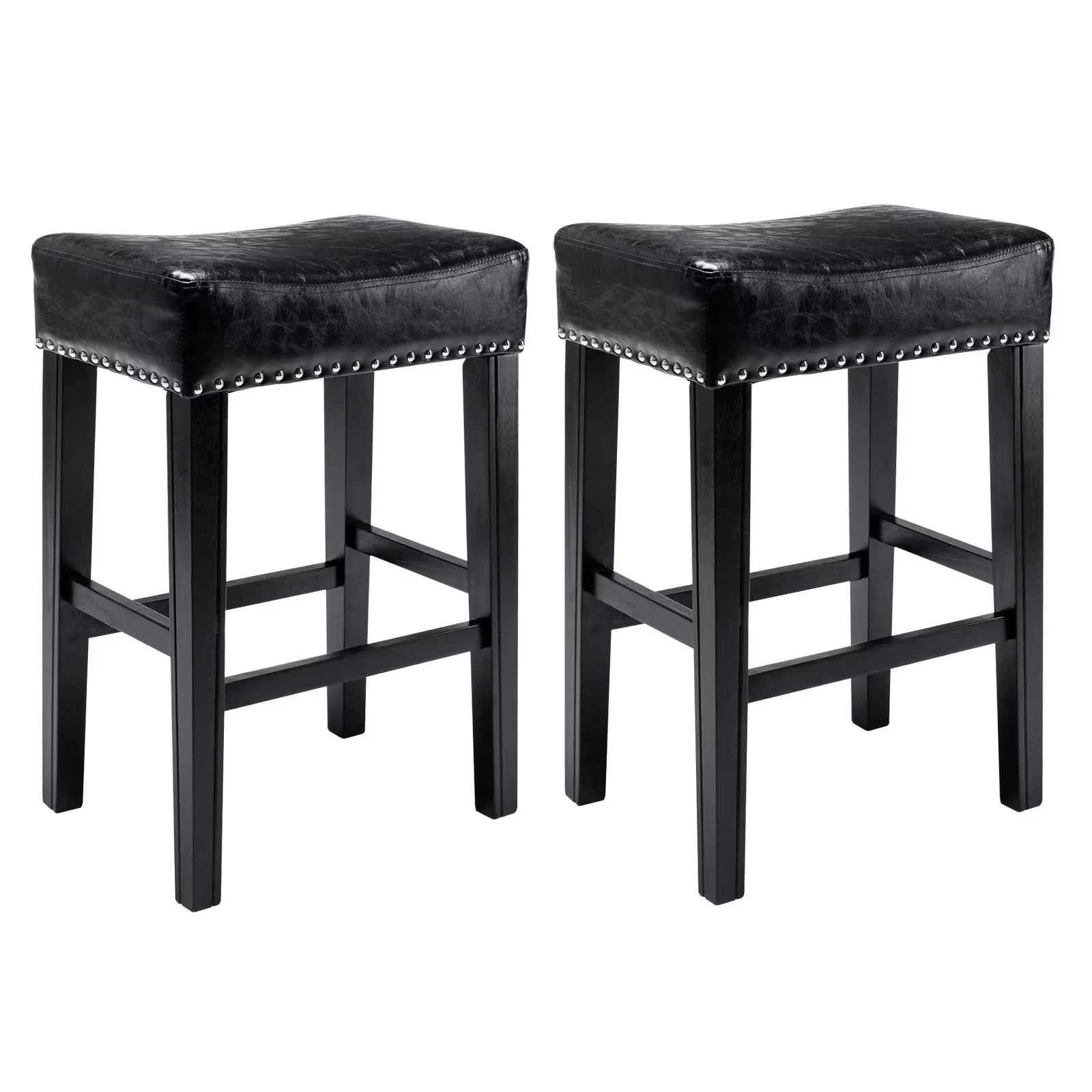 Sweiko Faux Leather Bar Stool Set of 2 with Saddle Seat Counter Height Kitchen Chair with Nailhead Backless Padded Dining Chair with Footrest for Home Kitchen Island Pub Restaurant 26