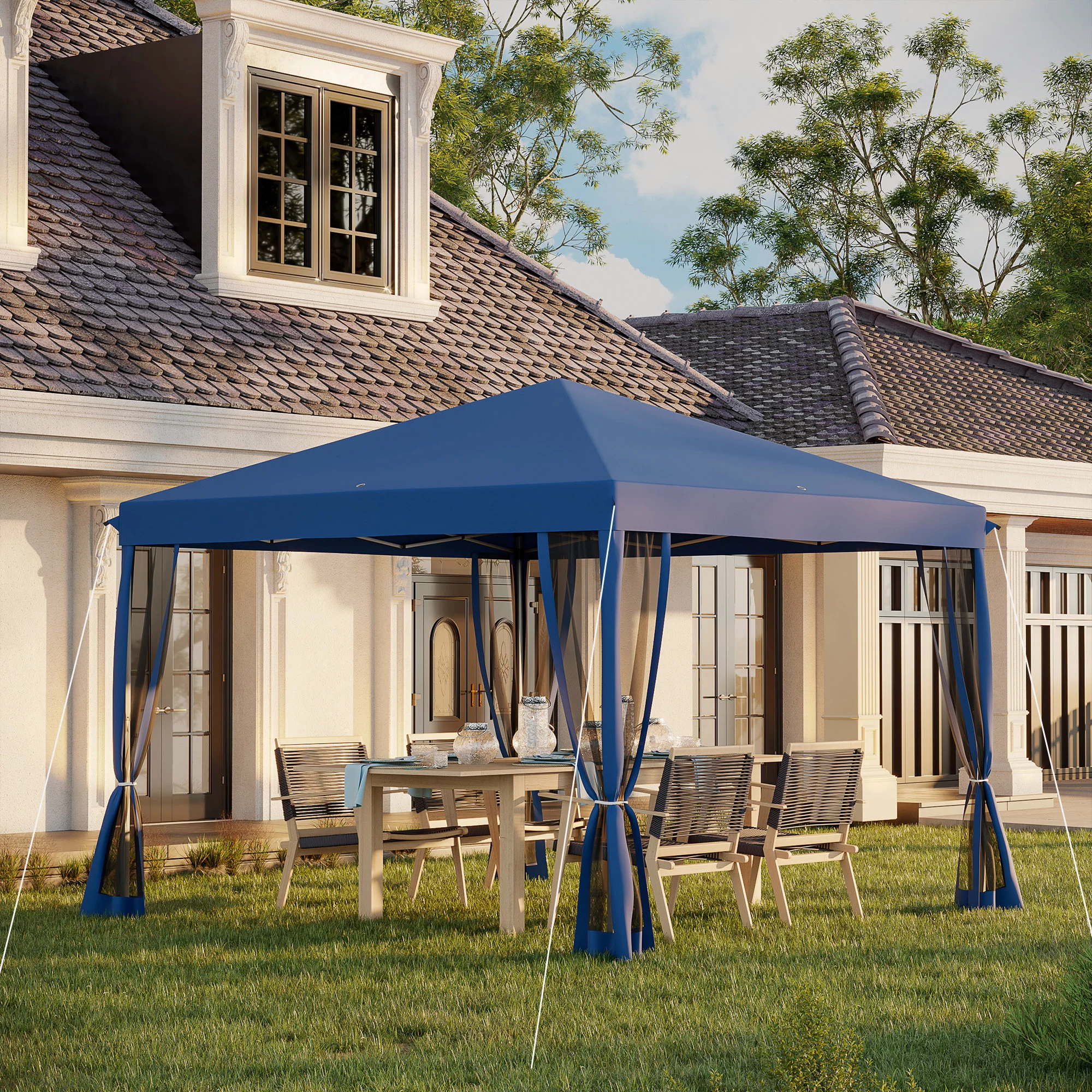 10' X 10' Pop Up Canopy Tent with Netting, Instant Gazebo,Spacious,Easy To Assemble,UV Protection, Ez Up Screen House Room with Carry Bag, Height Adjustable, for Outdoor, Garden, Patio, Blue