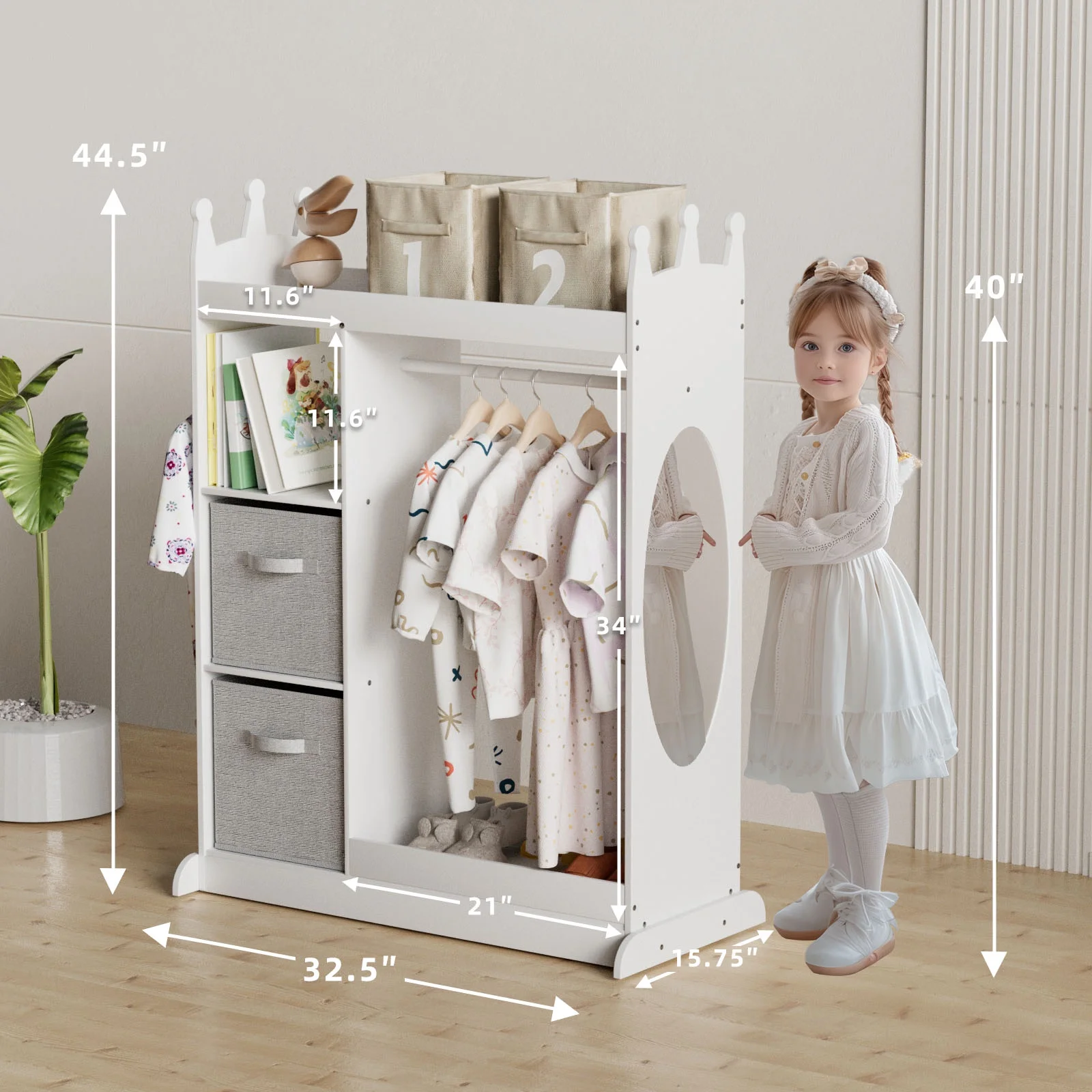 KORIMEFA Kids Dress up Storage with Mirror, 2 Storage Bins & Cloth Hanger, Kids Play Armoire Dresser Pretend Storage Closet for Bedroom, Kids Room, Playroom