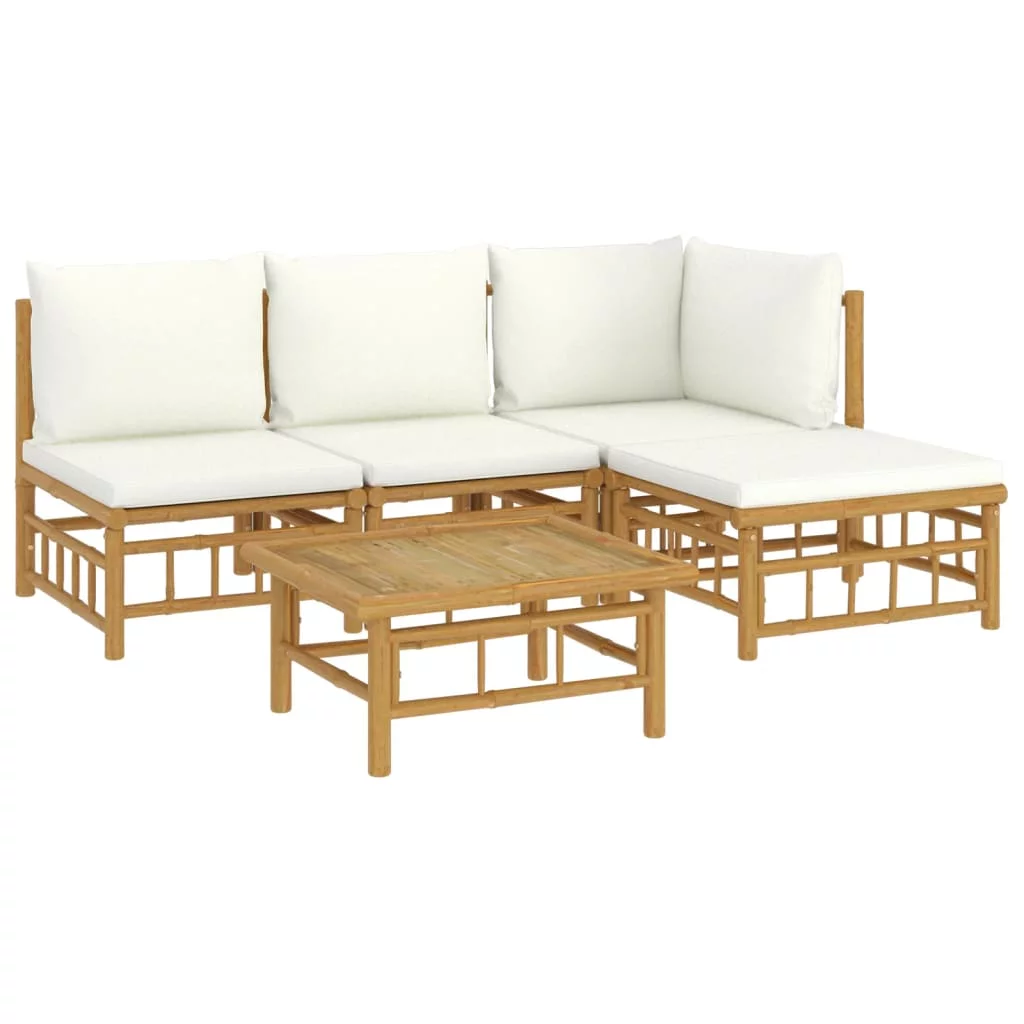Dcenta 5 Piece Patio Set with White Cushions Bamboo