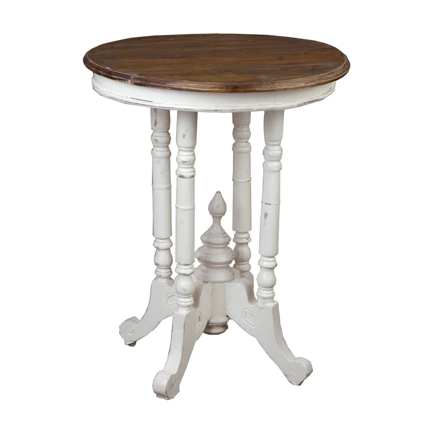 HomeStock Round Accent End Table , Distressed White/Raftwood Brown Solid Wood , Fully Assembled