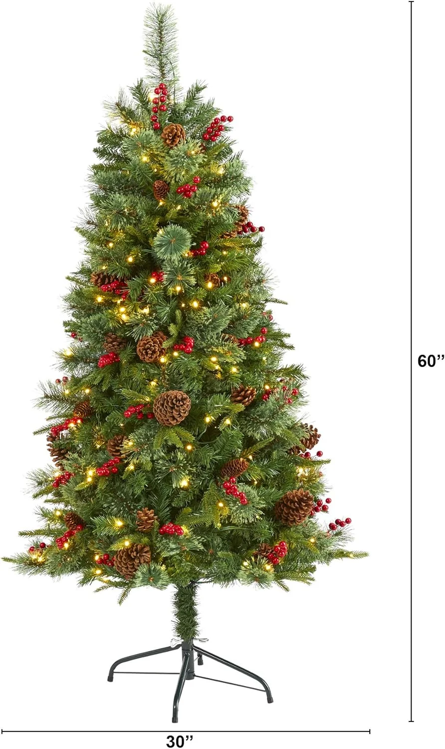 YANRUI 5ft. Norway Mixed Pine Artificial Christmas Tree with 200 Clear LED Lights, Pine Cones and Berries
