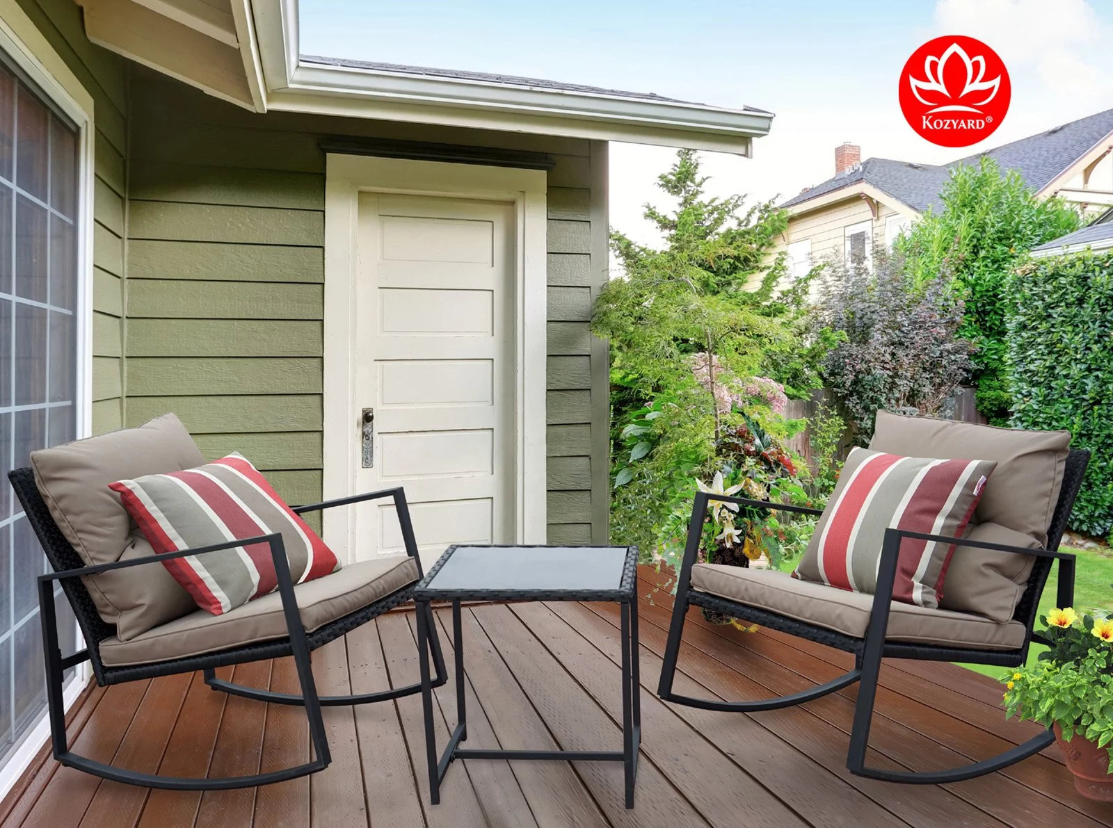 Moana Outdoor 3-Piece Rocking Wicker Bistro Set, Two Chairs and One Glass Coffee Table, Black Wicker Furniture (Taupe Cushion + Red Stripe Pillow)