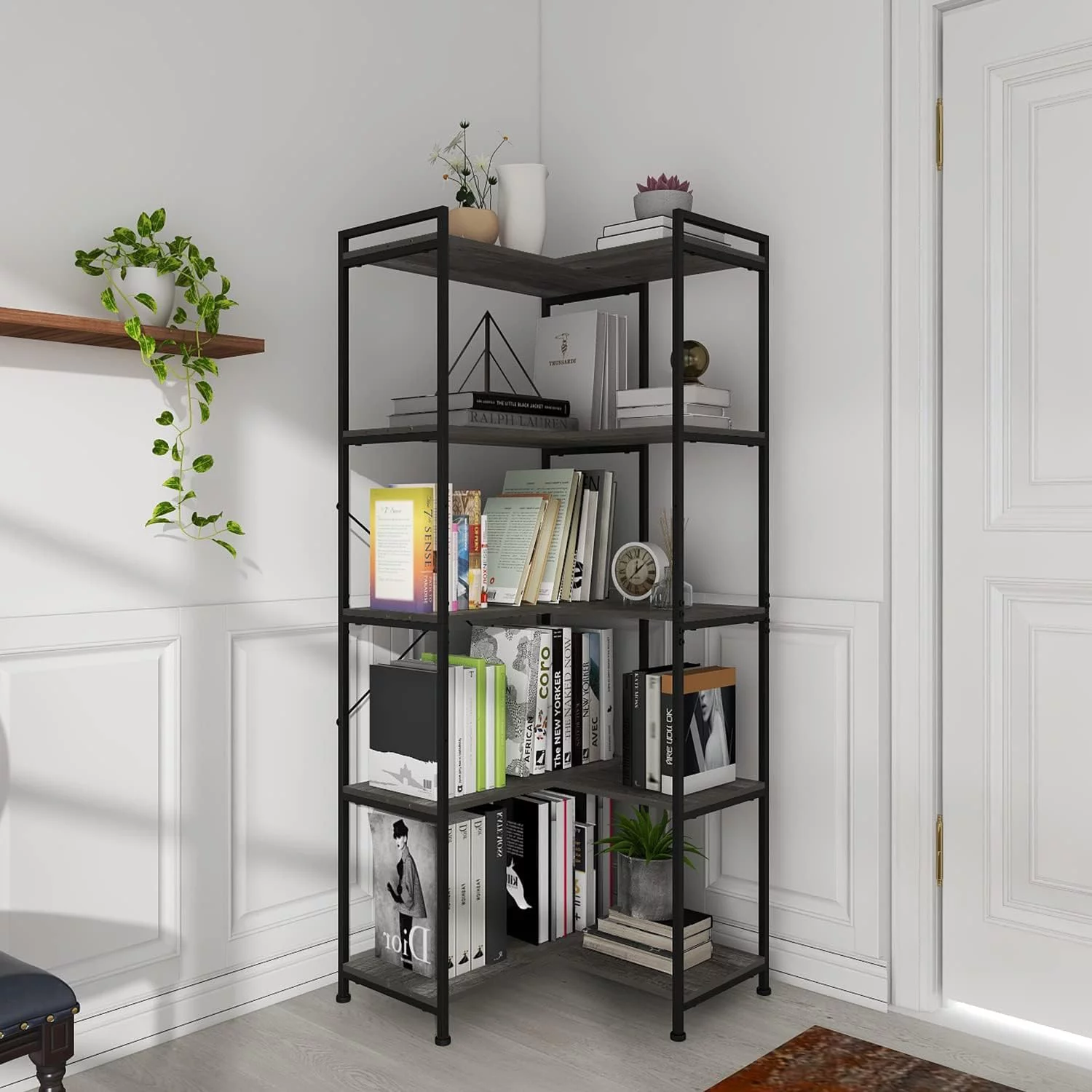 Bookshelf 5 Tier Deformable Corner Bookcase Free Standing Modern Industrial Book Storage Display Book Shelf for Bedroom Living Room Study Room Office (Dark Grey)