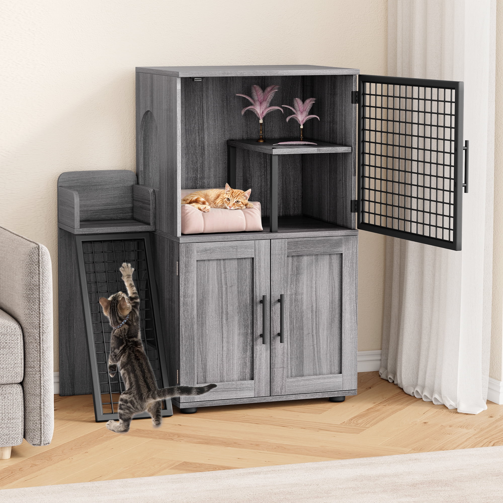 Towallmark 2 In 1 Hidden Litter Box Enclosure Furniture, 2 Storage Racks And 2 Drawers, Litter Box With Platform, Ladder, Indoor Cat Washroom, Rustic Grey