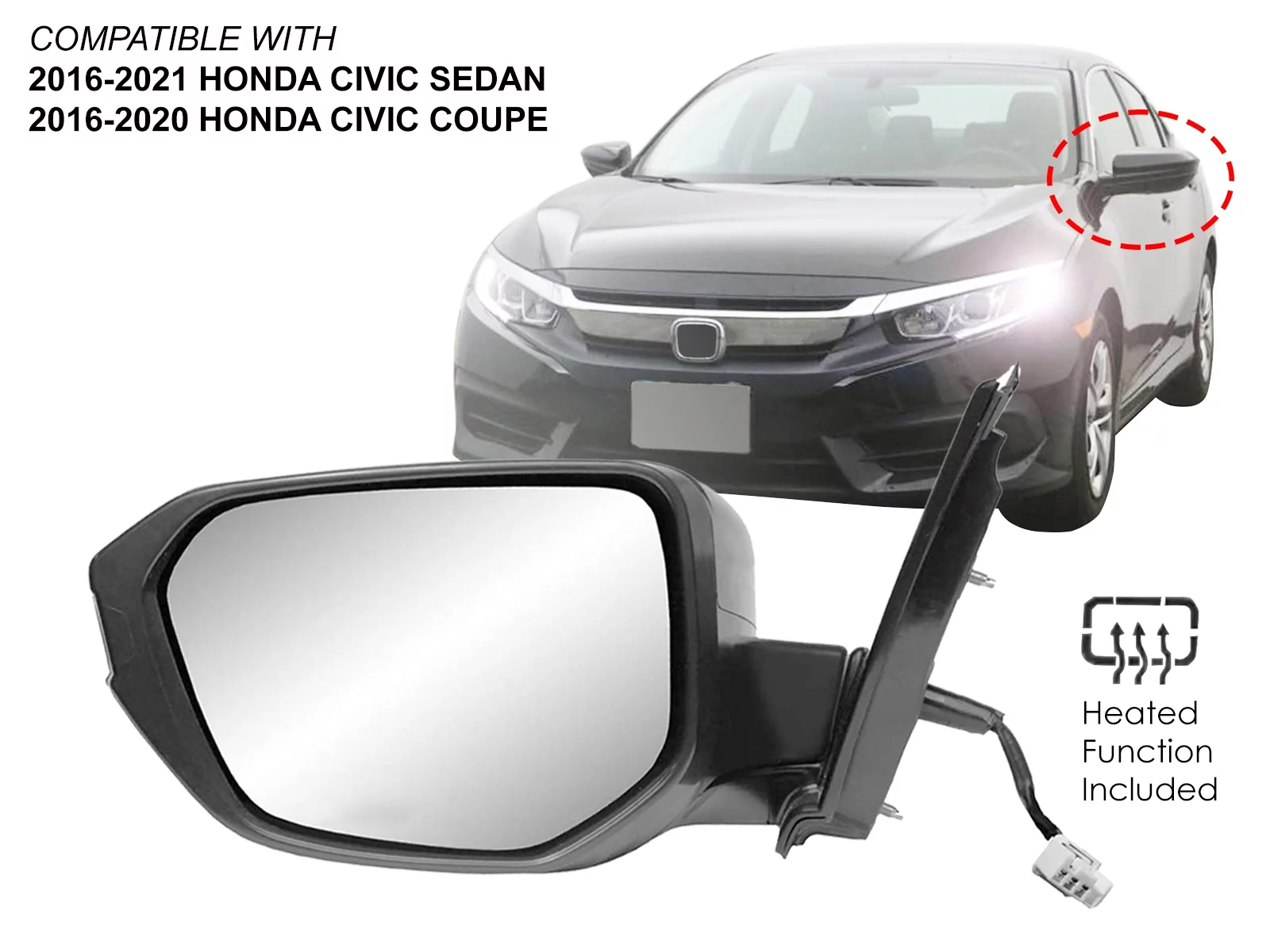 APA Replacement for Rear View Mirror Power Heated Smooth Cap 2016 - 2021 CIVIC Sedan Coupe Driver Left Side 76258TBAC02ZA HO1320284 HO1320297