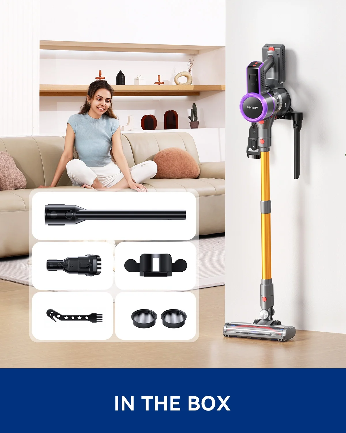 ARFUEE Cordless Vacuum Cleaner, 45000Pa/550W Powerful Vacuum Cleaners for Home, 60 Mins Runtime, LED Display, 1.5L Cup, Anti-Tangle Brush, Lightweight, Ultra-Quiet, Cordless Stick Vacuum