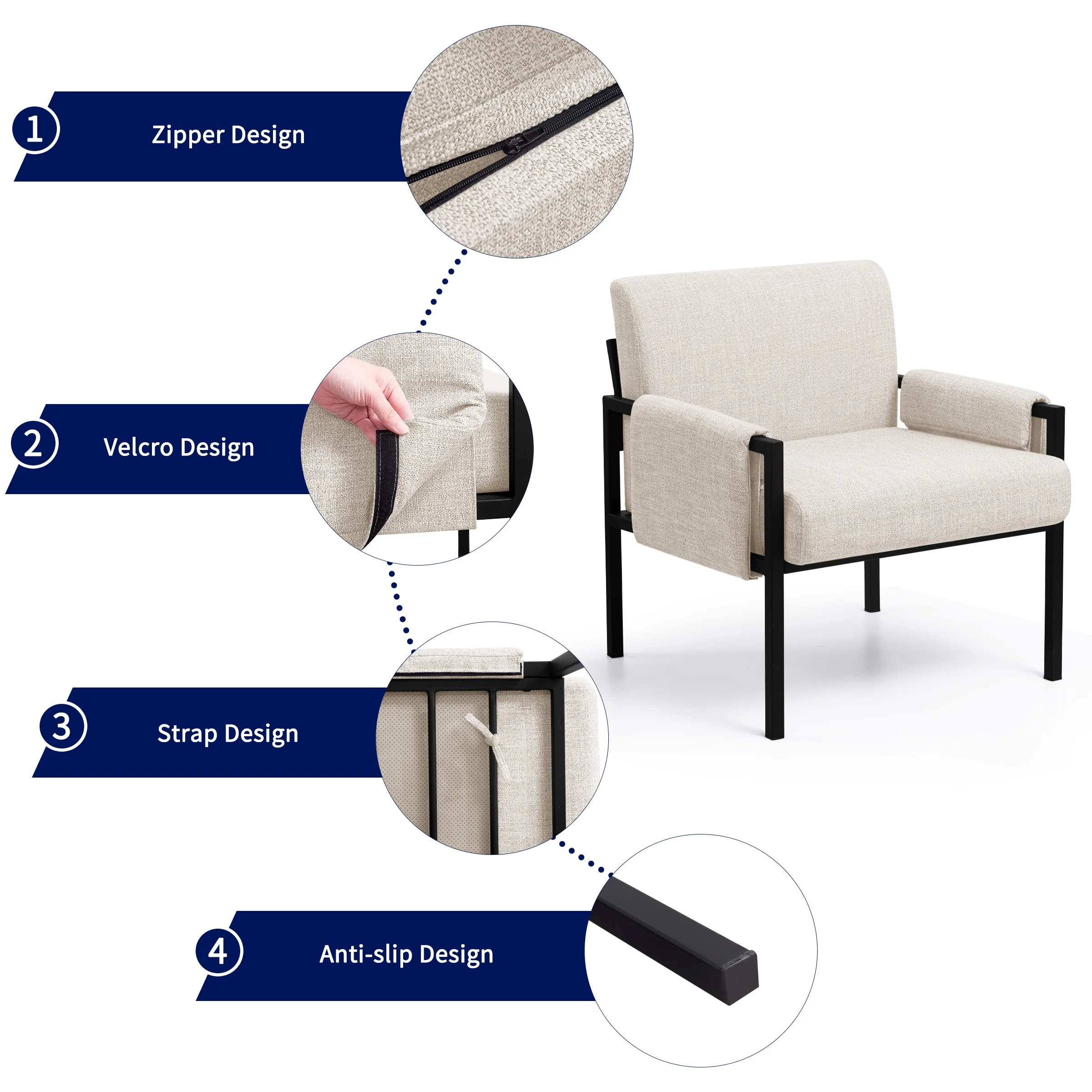 Subrtex Upholstered Modern Accent Chair with Metal Frame, Set of 2, Off-White Linen Fabric