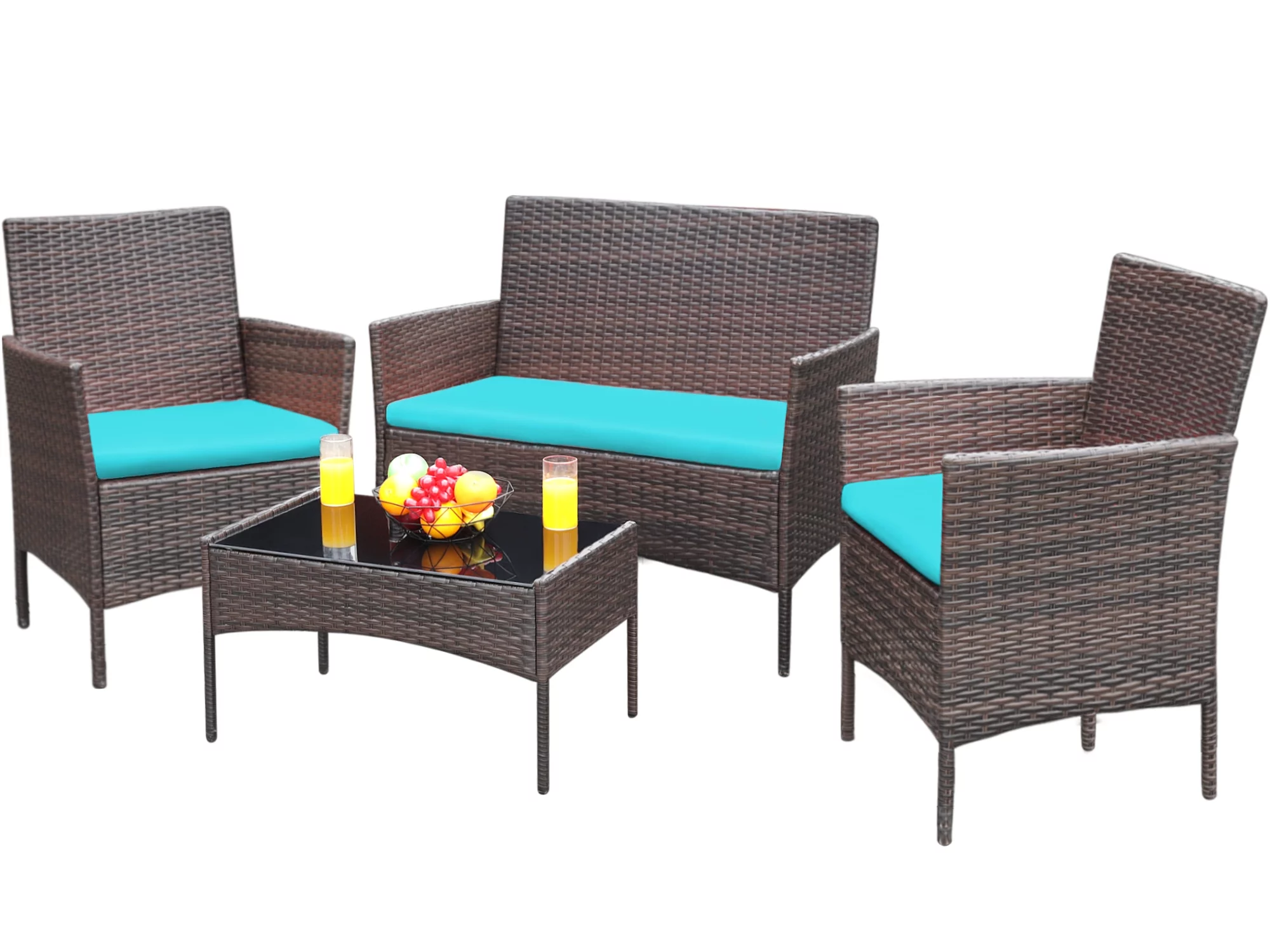 Devoko 4 Pieces Outdoor Patio Conversation Set PE Rattan Wicker Furniture Set, Brown/Blue
