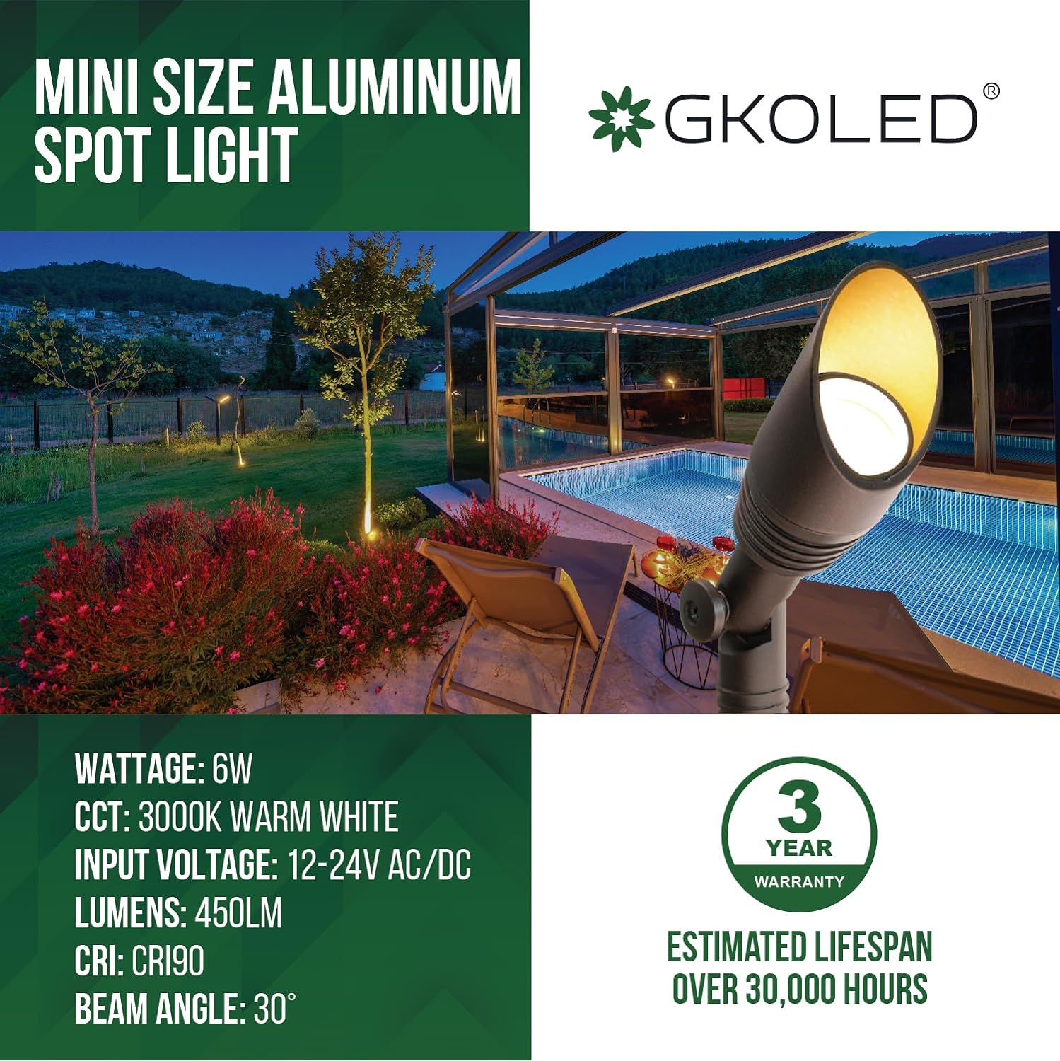 AUCHI 6 Pack LED Low Voltage Spotlights, 12V Landscape Lighting, Outdoor Mini Size Spot Light, Waterproof Directional Up Lights for Garden Yard, Metal Stake, Die-cast Aluminum, 6W 3000k CRI90 Brown