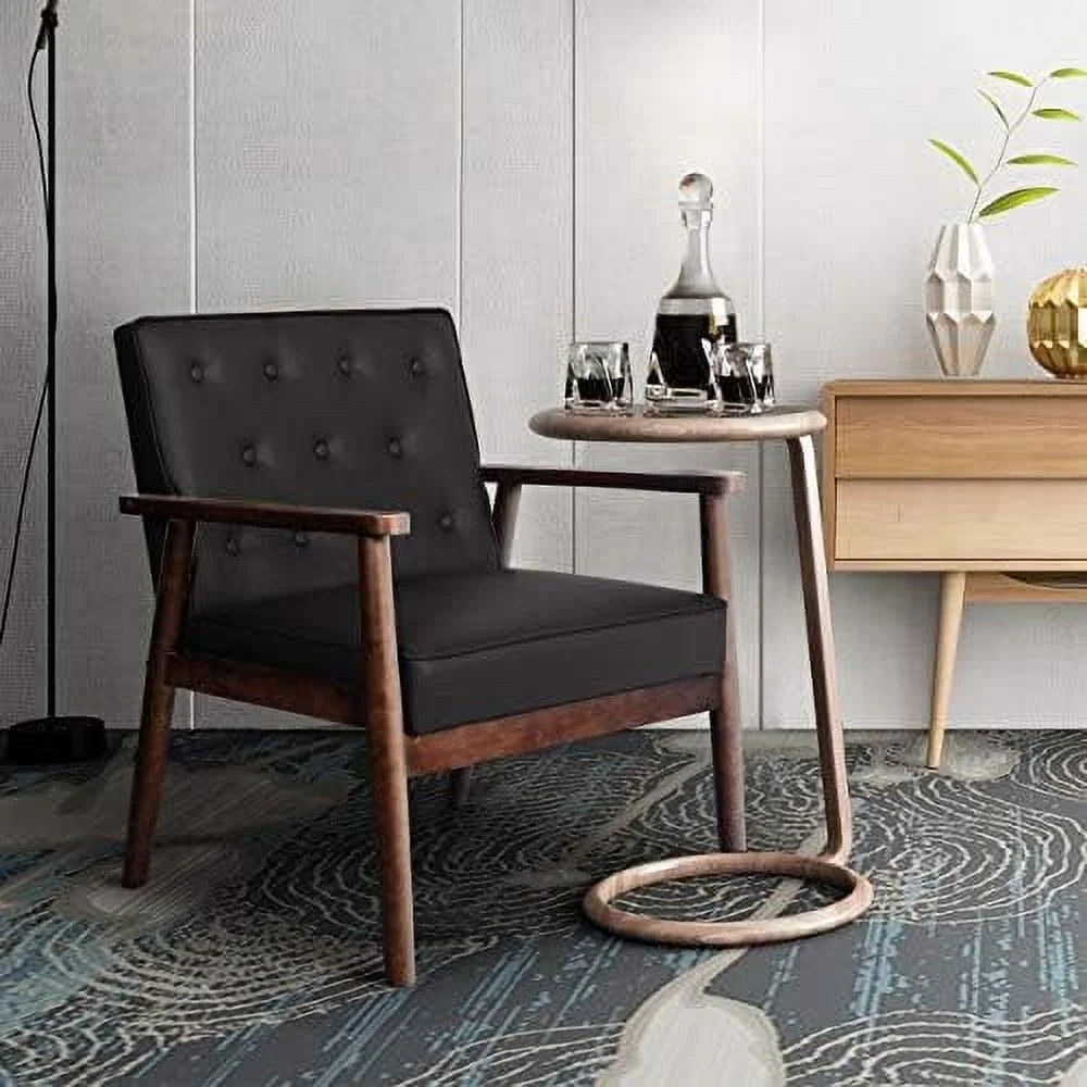 SQRTCV Mid-Century Retro Modern Solid Wood Armrest Accent Chair  Faux Leather Tufted Back Upholstered Lounge Chairs  Living Room  (Black 8325)