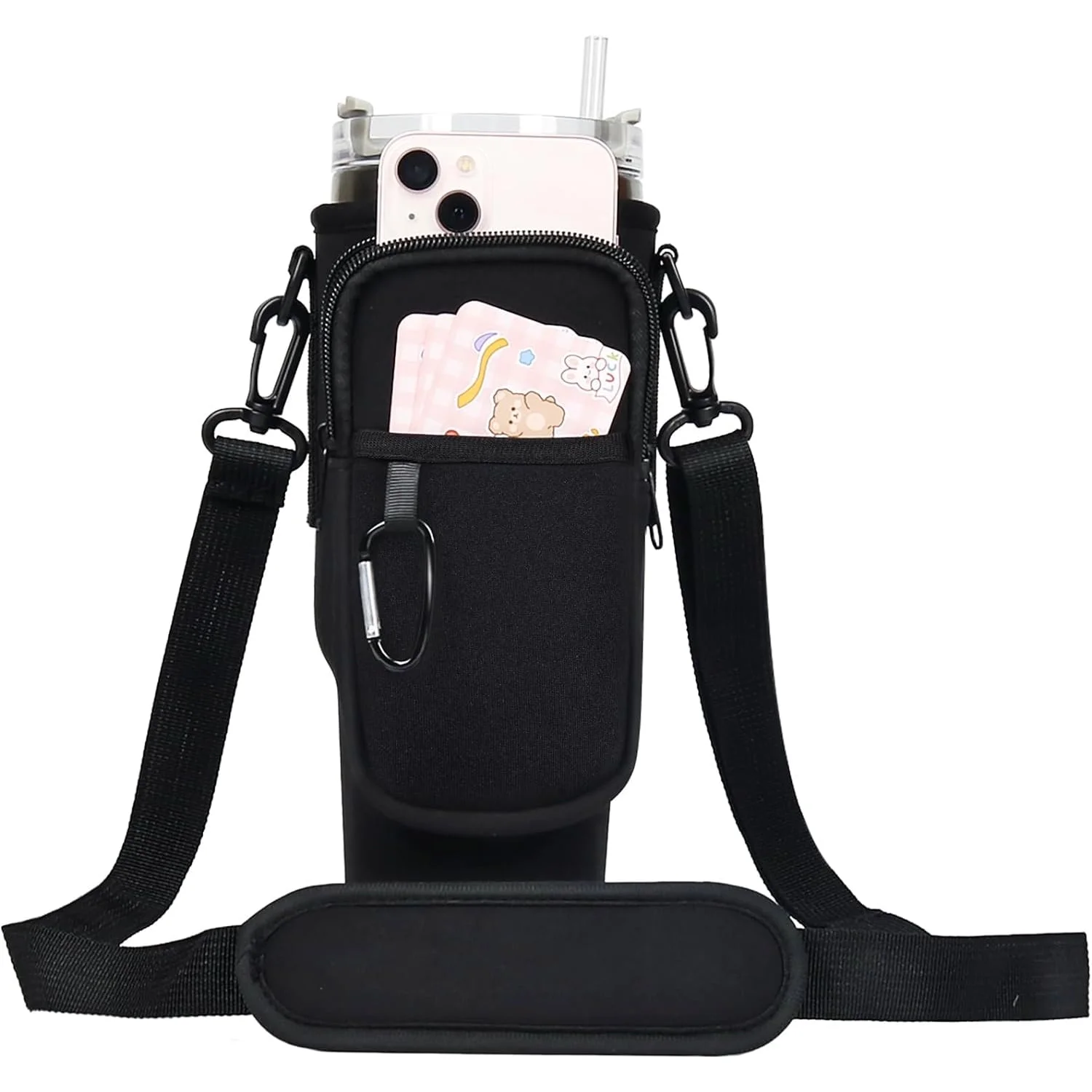 Water Bottle Carrier Bag with Phone Pocket Compatible with Stanley 40oz Tumbler, Water Bottle Holder Pouch with Adjustable Shoulder Strap for Stanley Cup Accessories (Black)