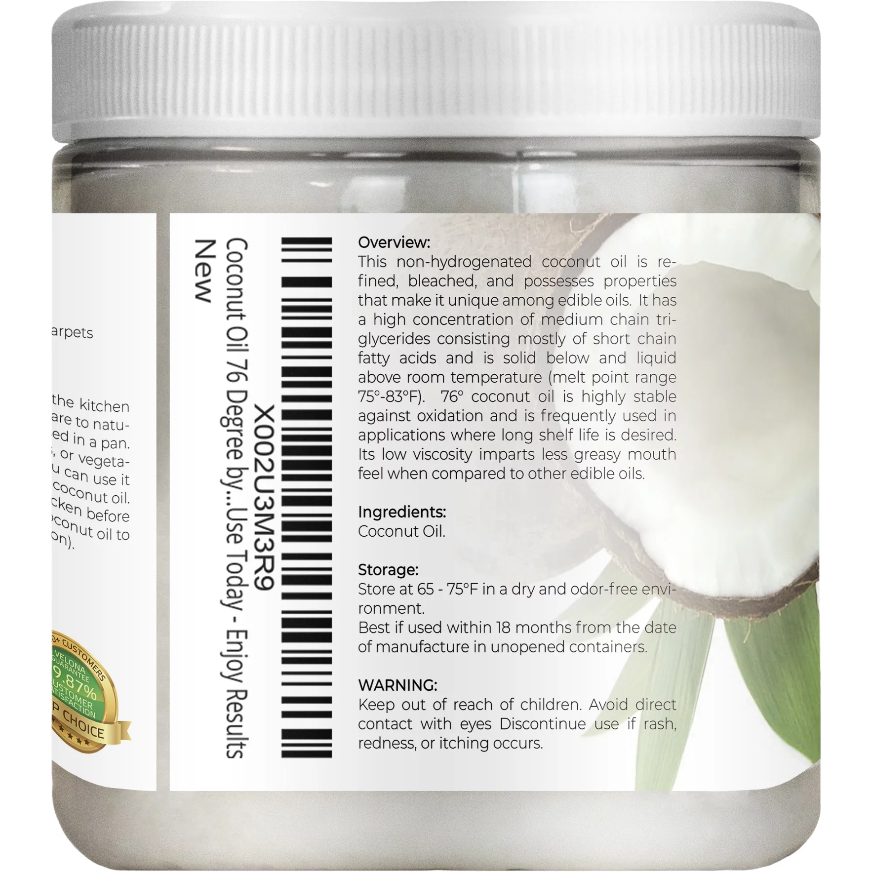 Velona Coconut Oil 76 Degree - 24 oz | 100% Pure and Natural Carrier Oil | in jar | Refined, Cold pressed | Skin, Face, Body, Hair Care