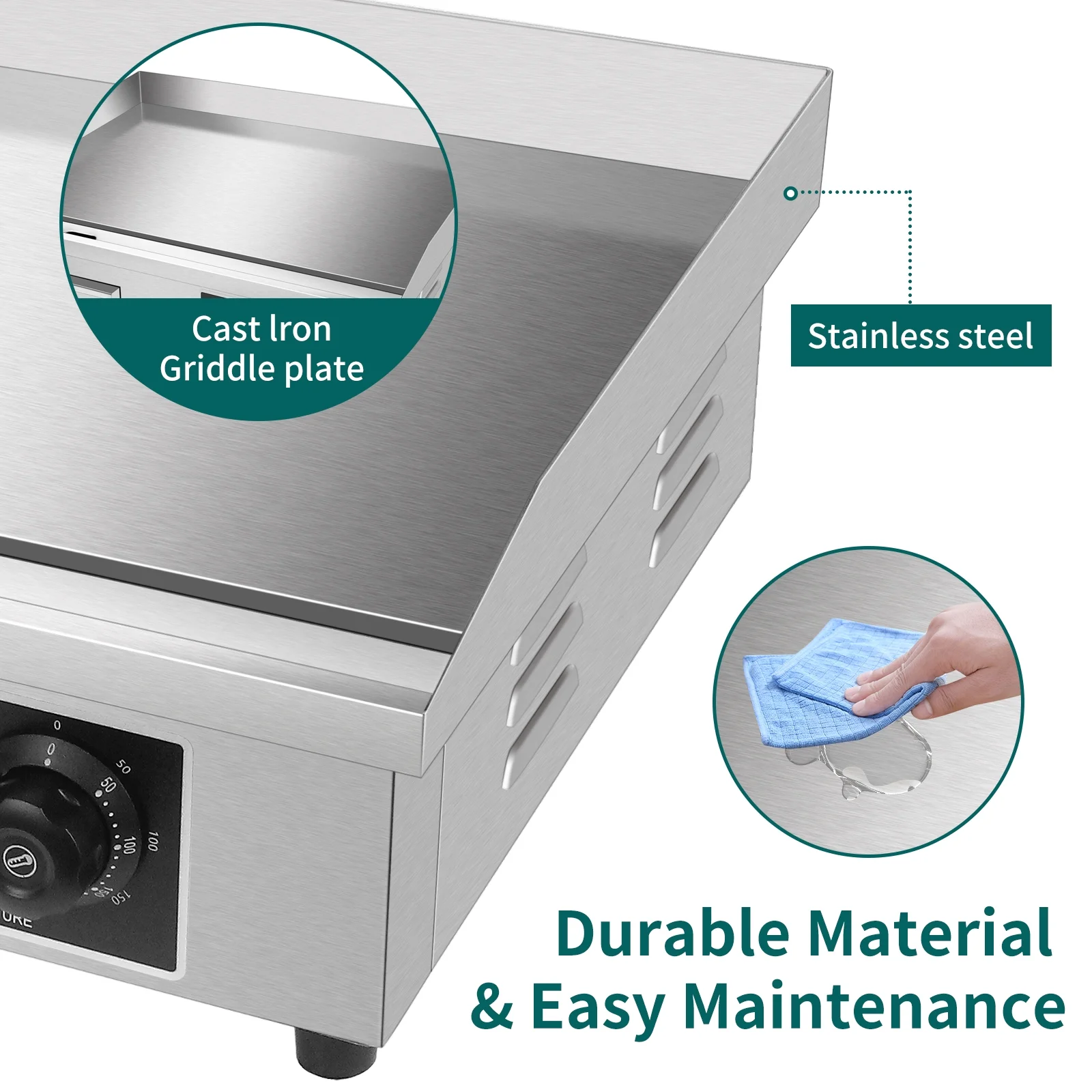 JSTUOKE 22 inch Commercial Electric Griddle, 1600w Electric Flat Top Grill, Stainless Steel Electric Countertop Griddle w/Drip Hole, 50-300℃ Countertop Griddle for Pancake, Chicken