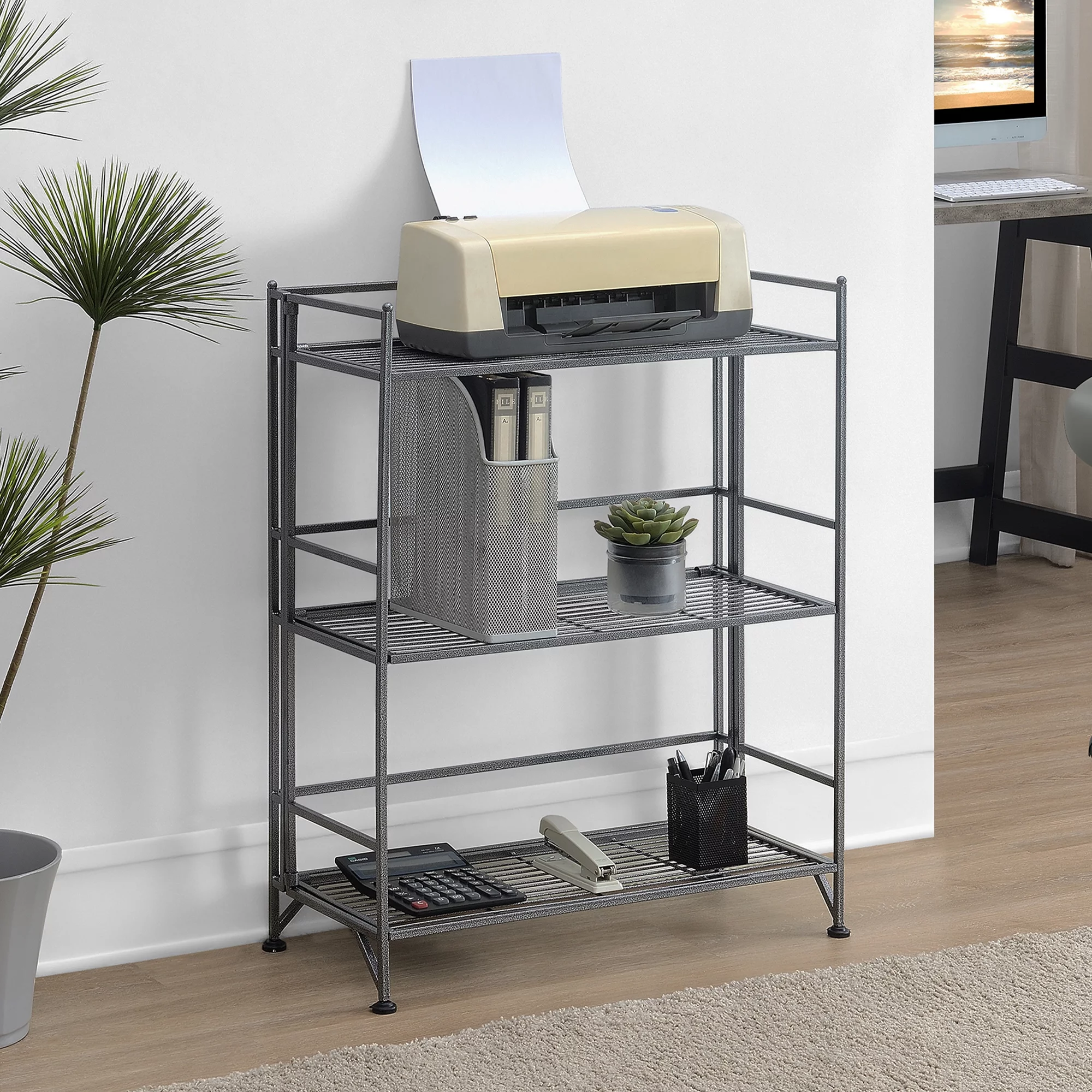 Convenience Concepts Xtra Storage 3 Tier Wide Folding Metal Shelf, Speckled Gray