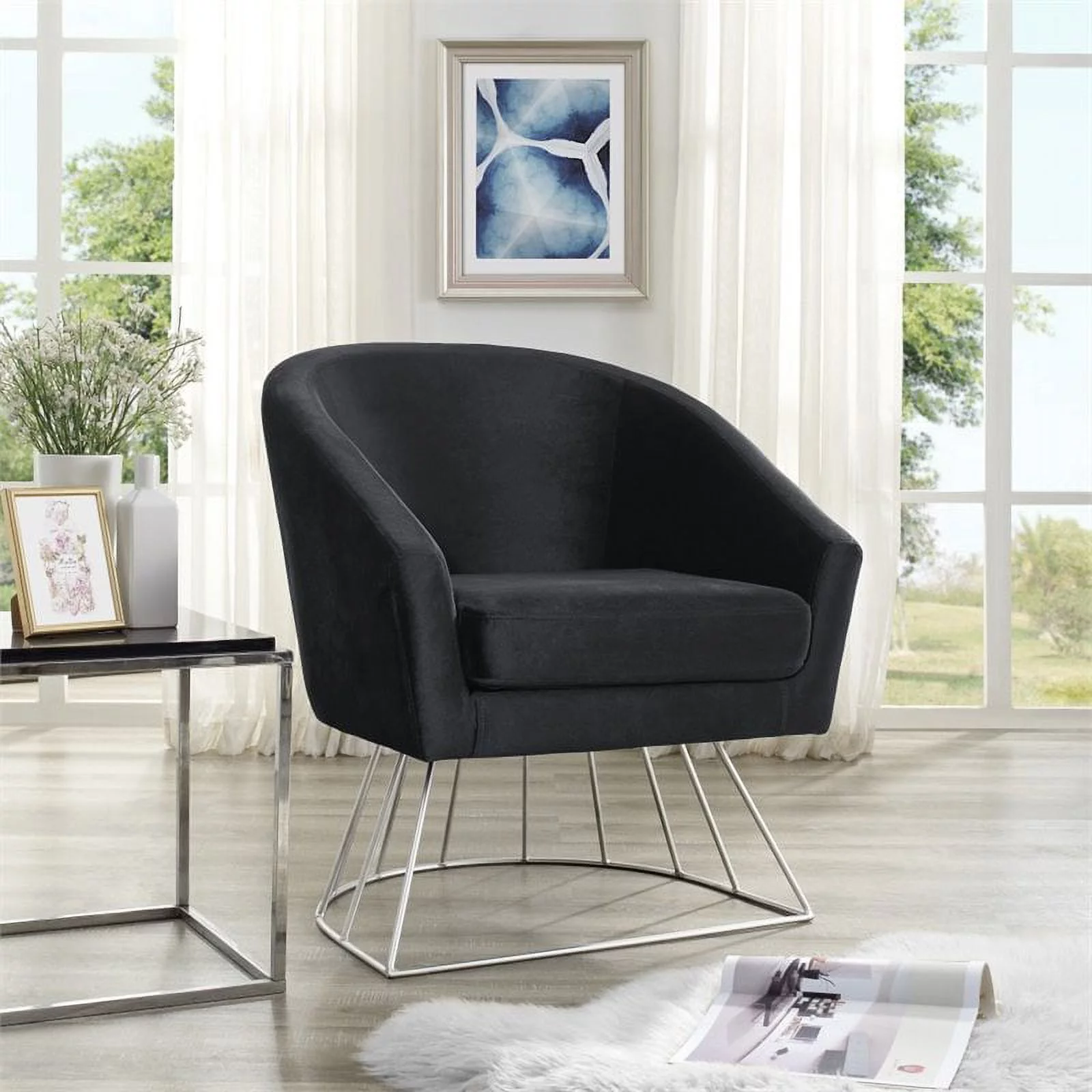 Maklaine Tufted Velvet Barrel Back Accent Chair in Black/Chrome