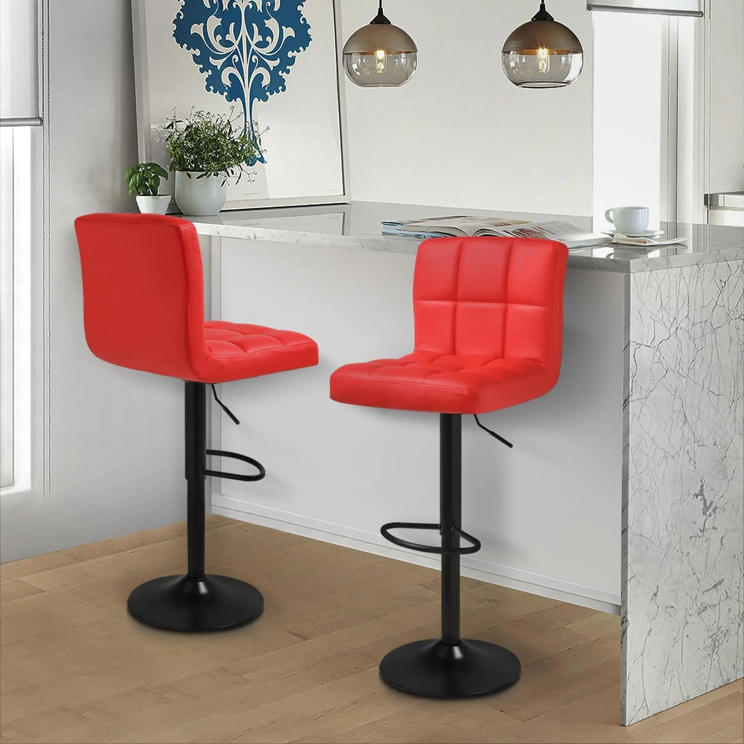 Square Back Bar Stool Set Of 2 Blue Counter Height Barstools Swivel PU Leather Bar Chairs Home Kitchen Stools