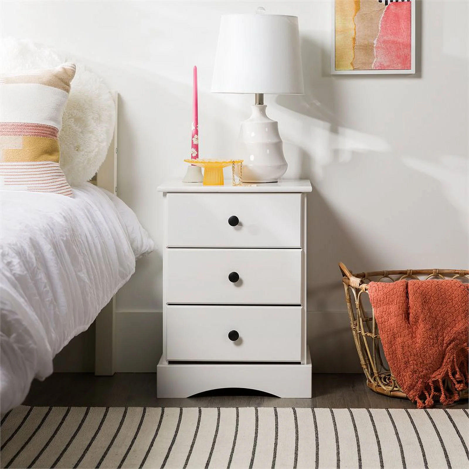 Classic 3 Drawer Solid Wood Top Bedroom Nightstand in White