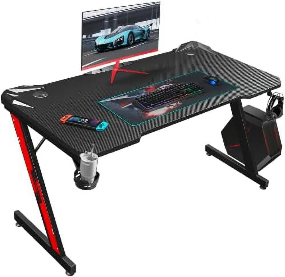 CHNJHUM Gaming Desk  Computer Desk with Carbon Fiber Surface  Gaming Table Z Shaped PC Gaming Workstation Home Office Desks with Cup Holder and Headphone Hook (44 inch  Black)