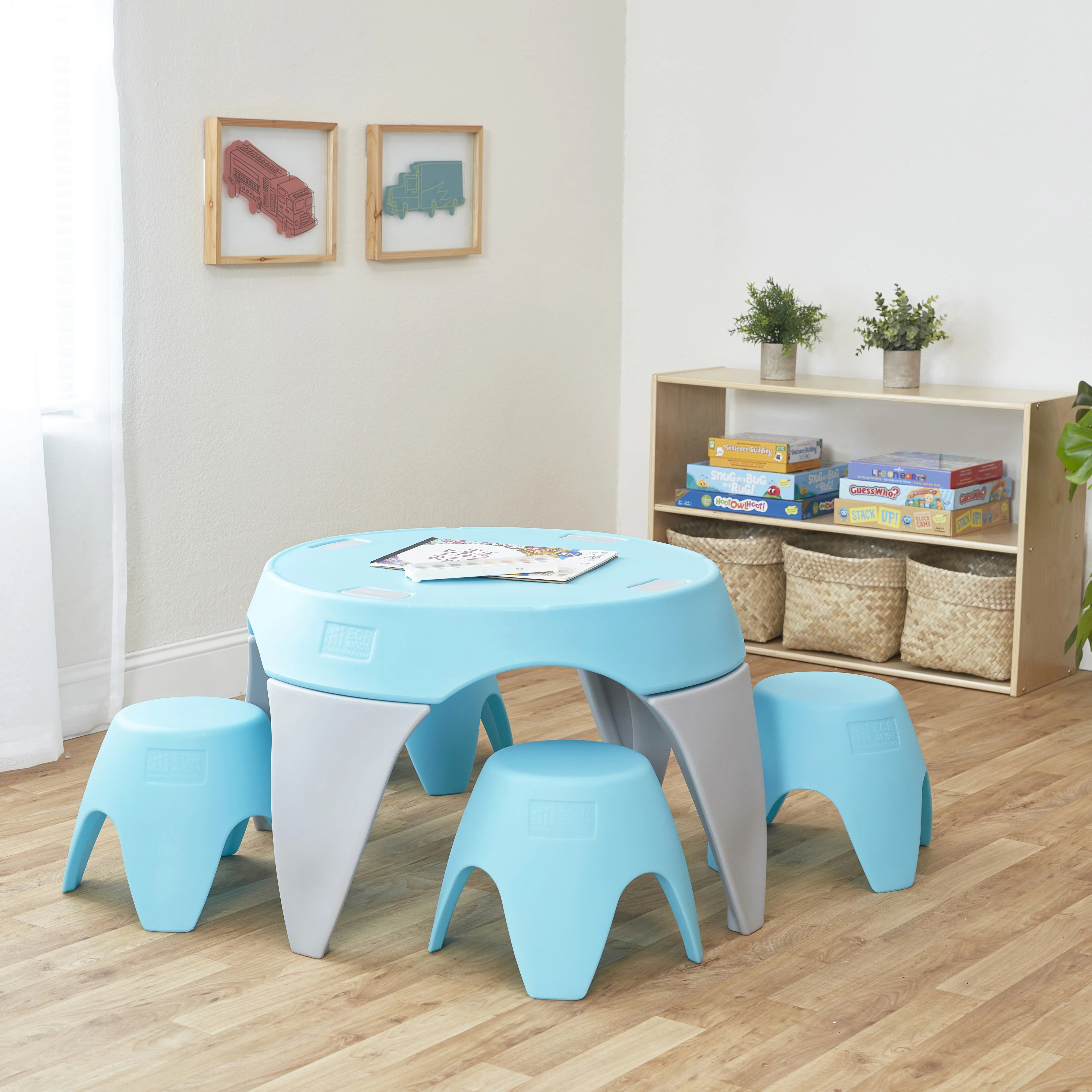 ECR4Kids Ayana Table and Stool Set, Cyan/Light Grey, 5-Piece