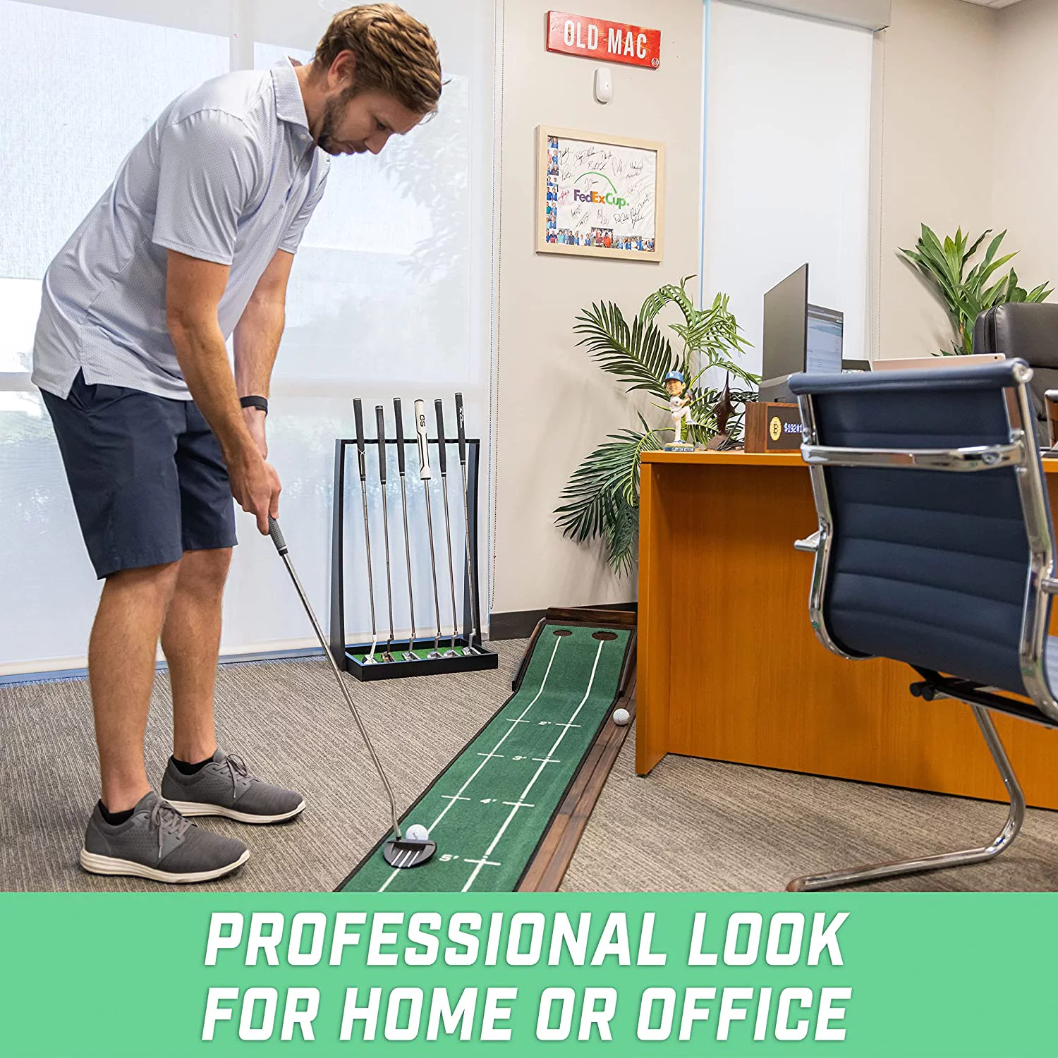 GoSports Premium Wooden Golf Putter Stand - Indoor Display Rack - Holds 6 Clubs - Black