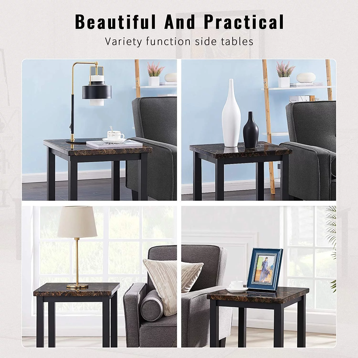 3 Piece Coffee, Living Room 3PCS Set with Faux Marble Tabletop, Includes CoffeeTable and 2 End Tables, 42.1