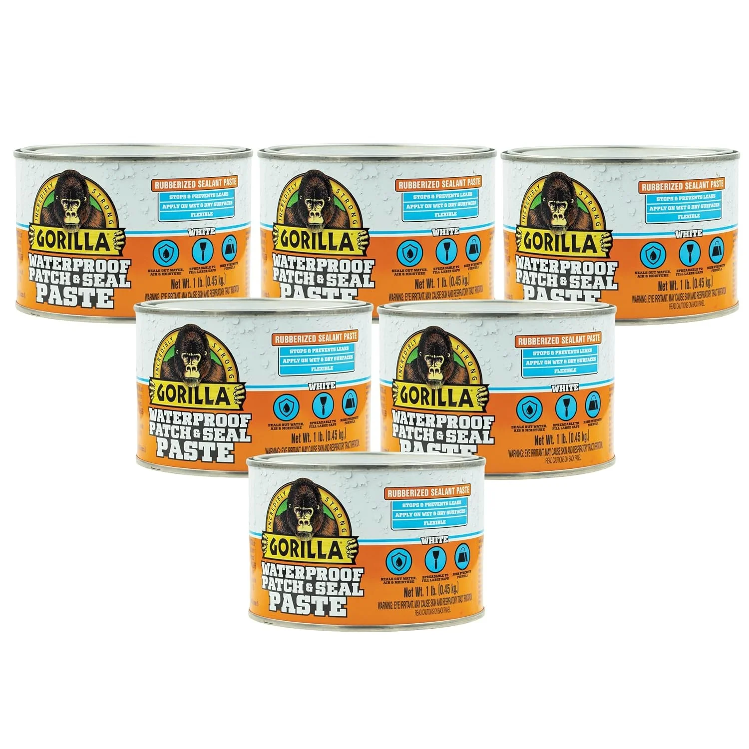 Gorilla Waterproof Patch & Seal Rubberized Sealant Paste, White, 1lb Can Bulk Pack of 6